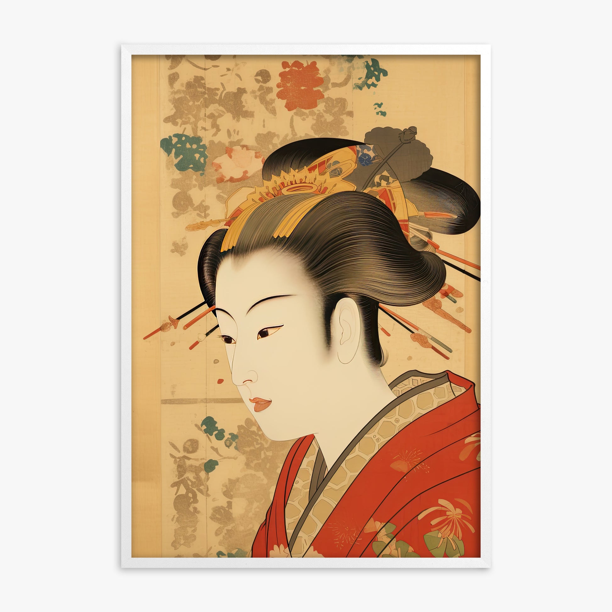 Elegant Geisha Portrait, White Framed Poster With White Frame