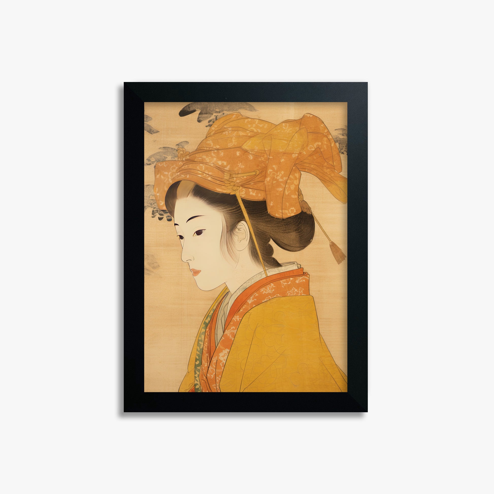 Golden Kimono Elegance, 21x30cm Framed Poster With Black Frame
