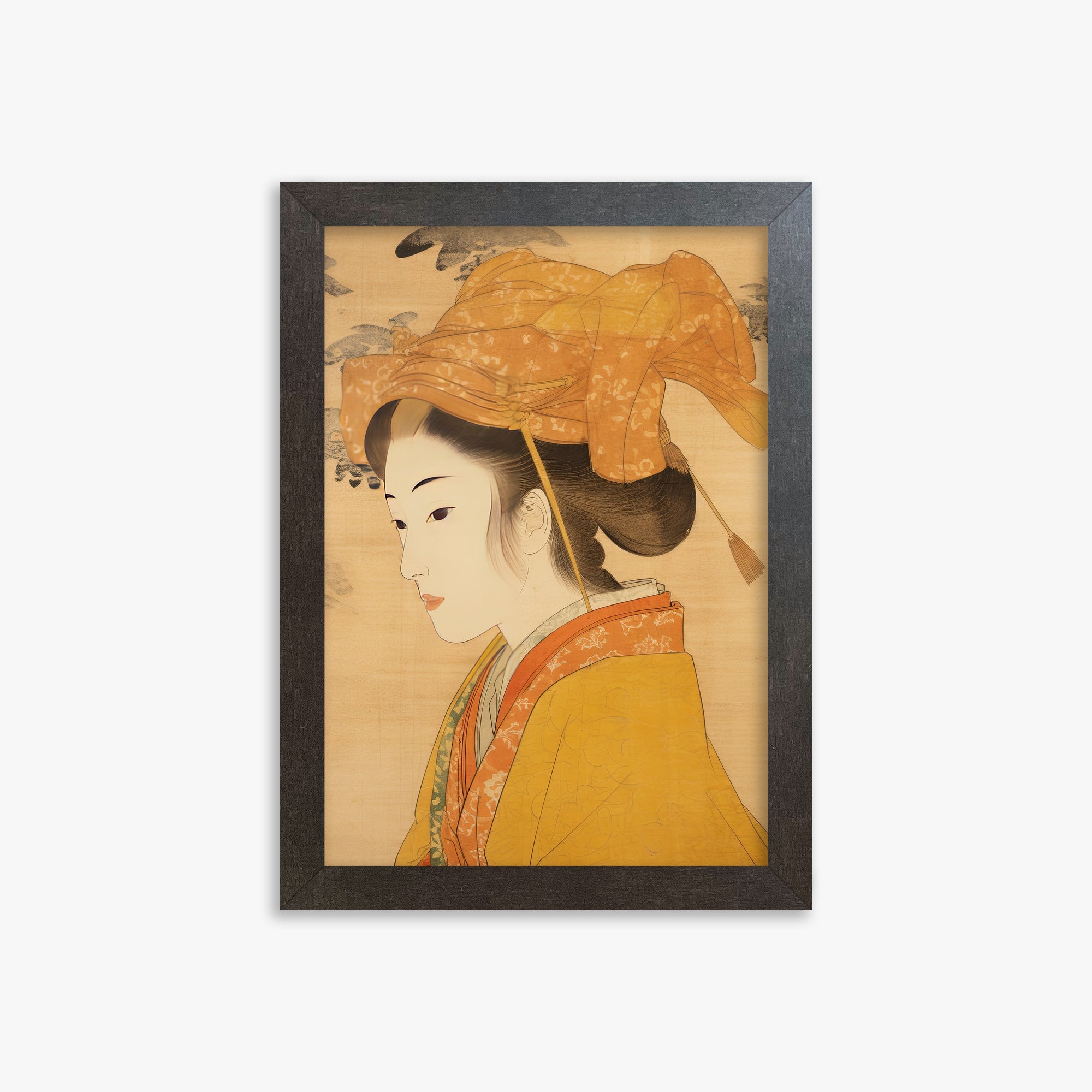 Golden Kimono Elegance, 21x30cm Framed Poster With Espresso Frame