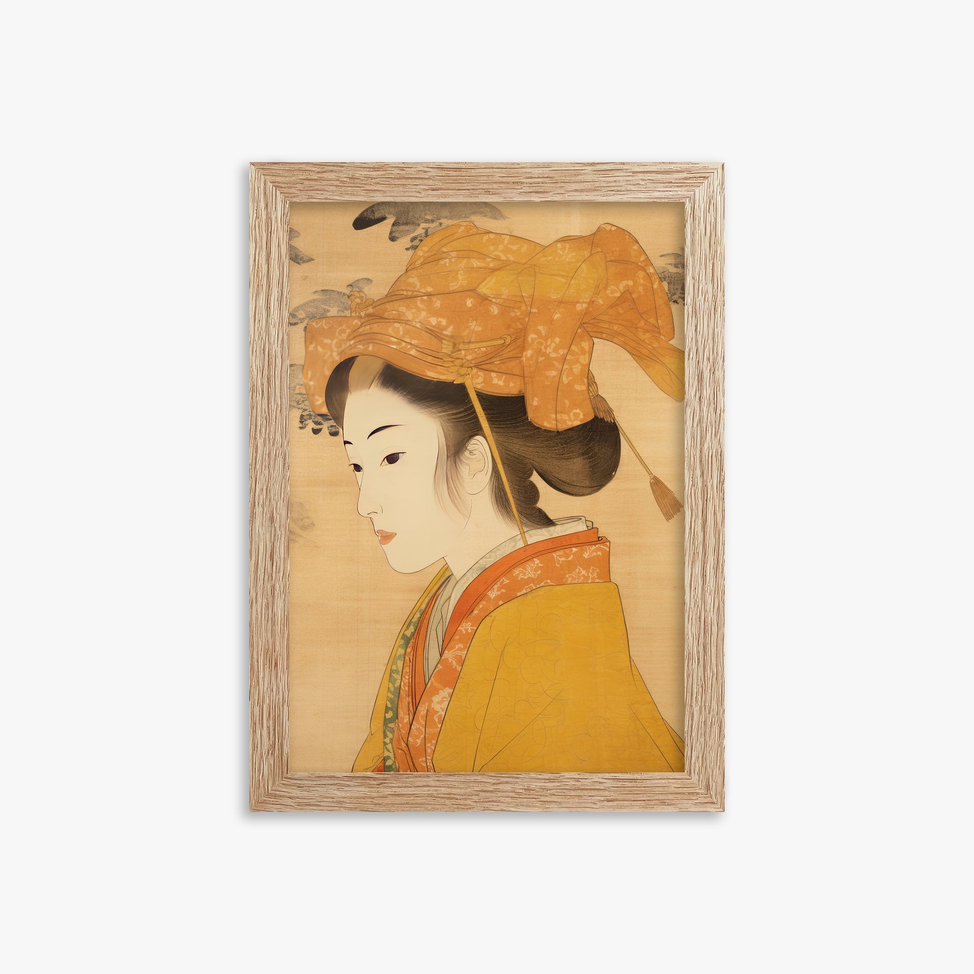 Golden Kimono Elegance, 21x30cm Framed Poster With Raw Oak Frame