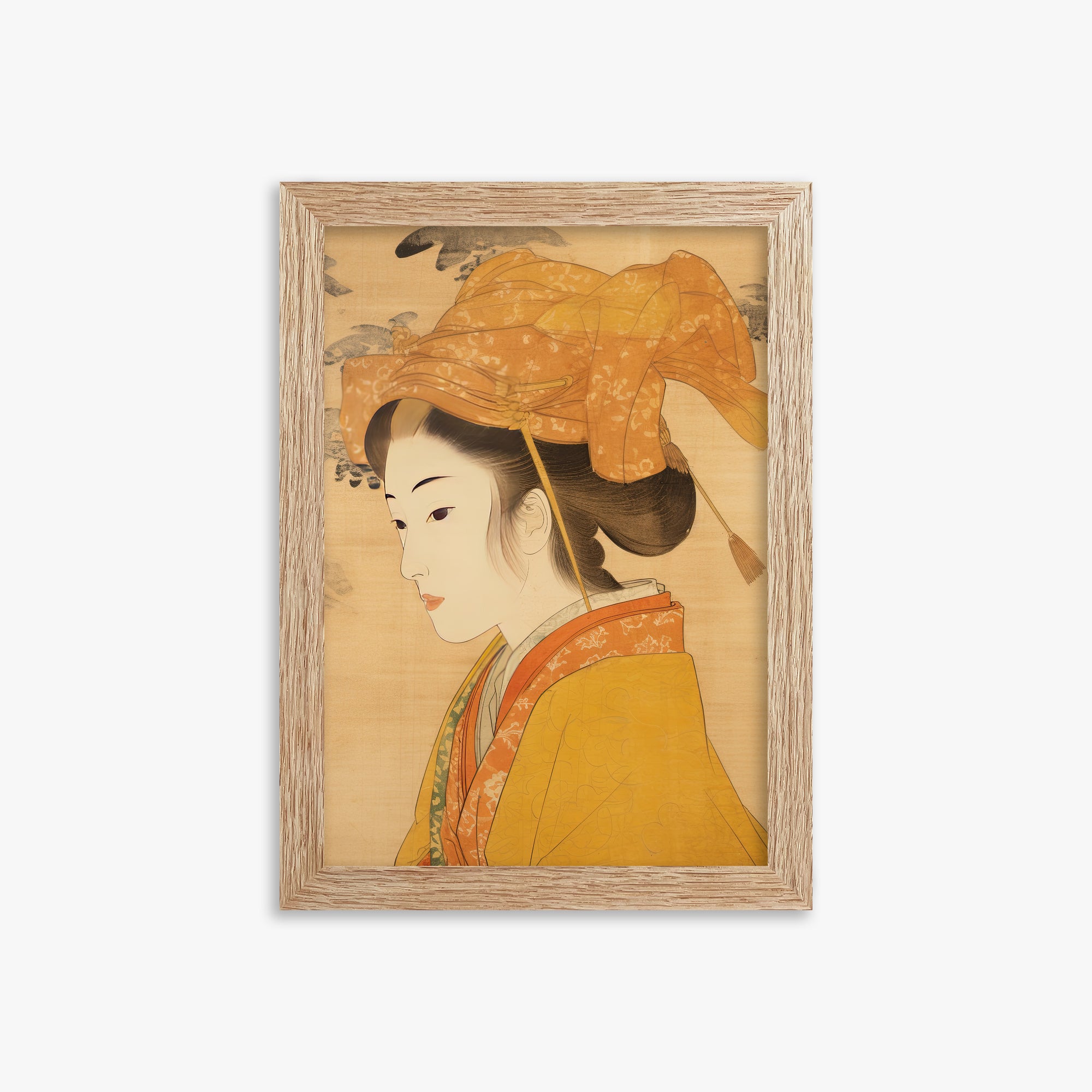 Golden Kimono Elegance, 21x30cm Framed Poster With Raw Oak Frame
