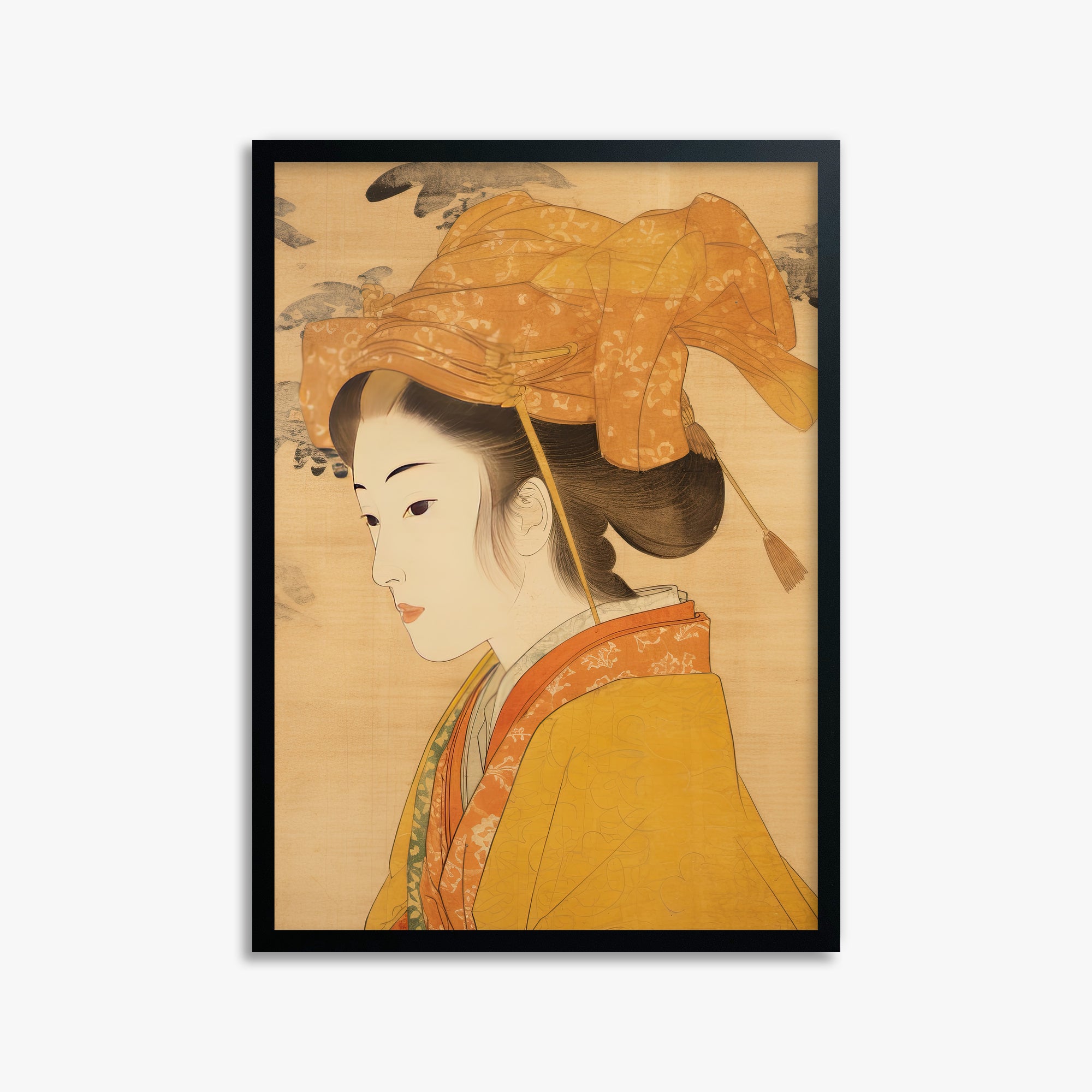 Golden Kimono Elegance, 50x70cm Framed Poster With Black Frame