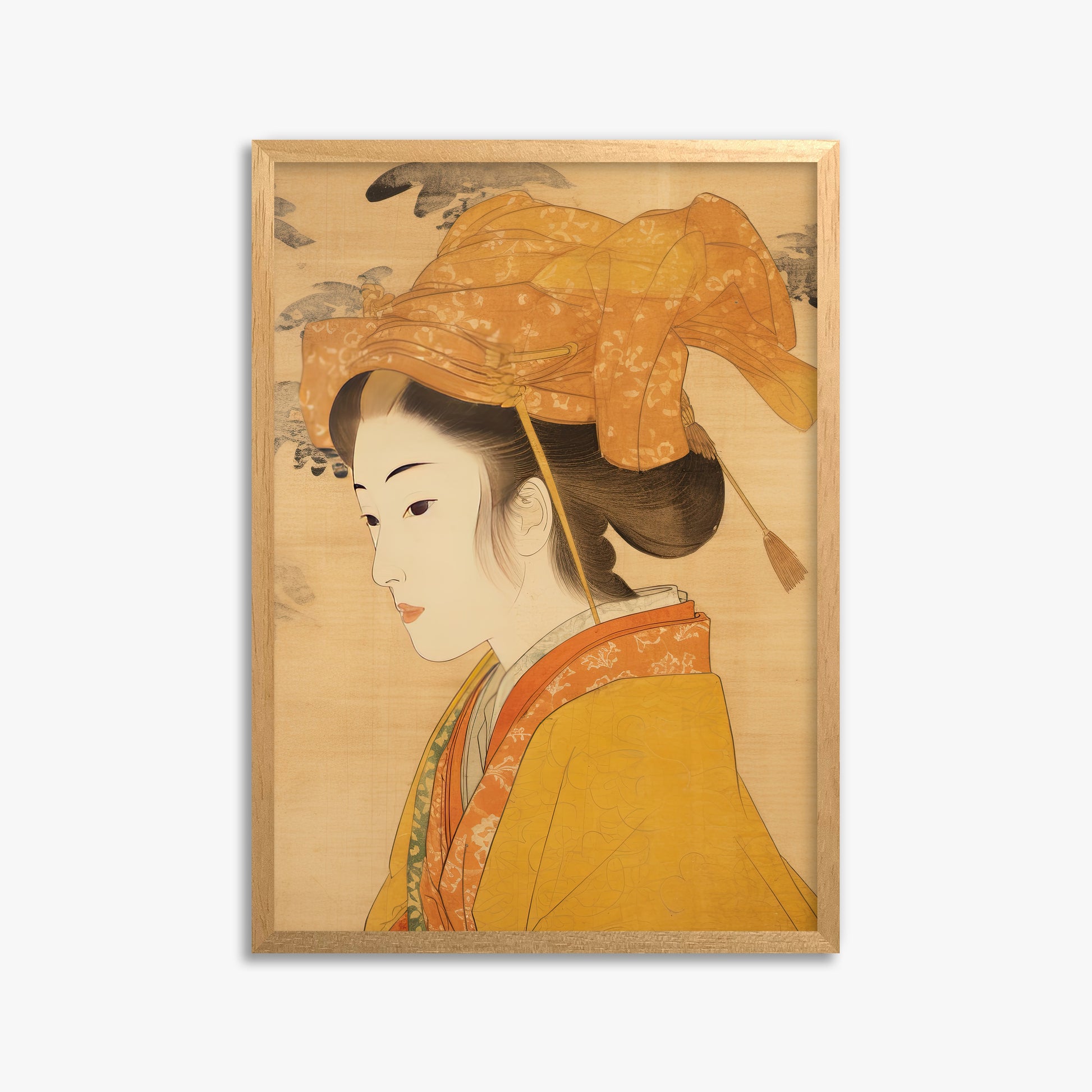 Golden Kimono Elegance, 50x70cm Framed Poster With Oak Frame