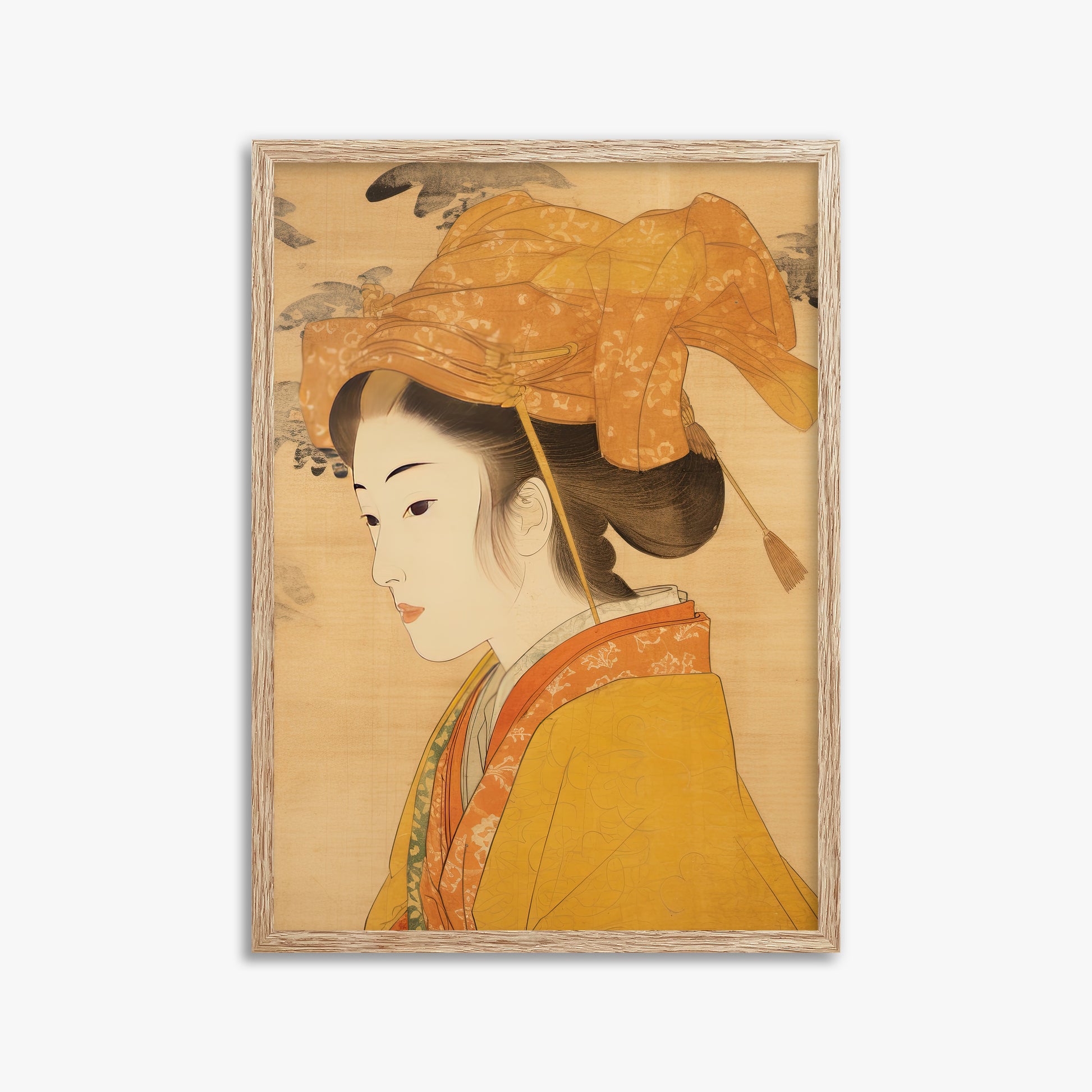Golden Kimono Elegance, 50x70cm Framed Poster With Raw Oak Frame