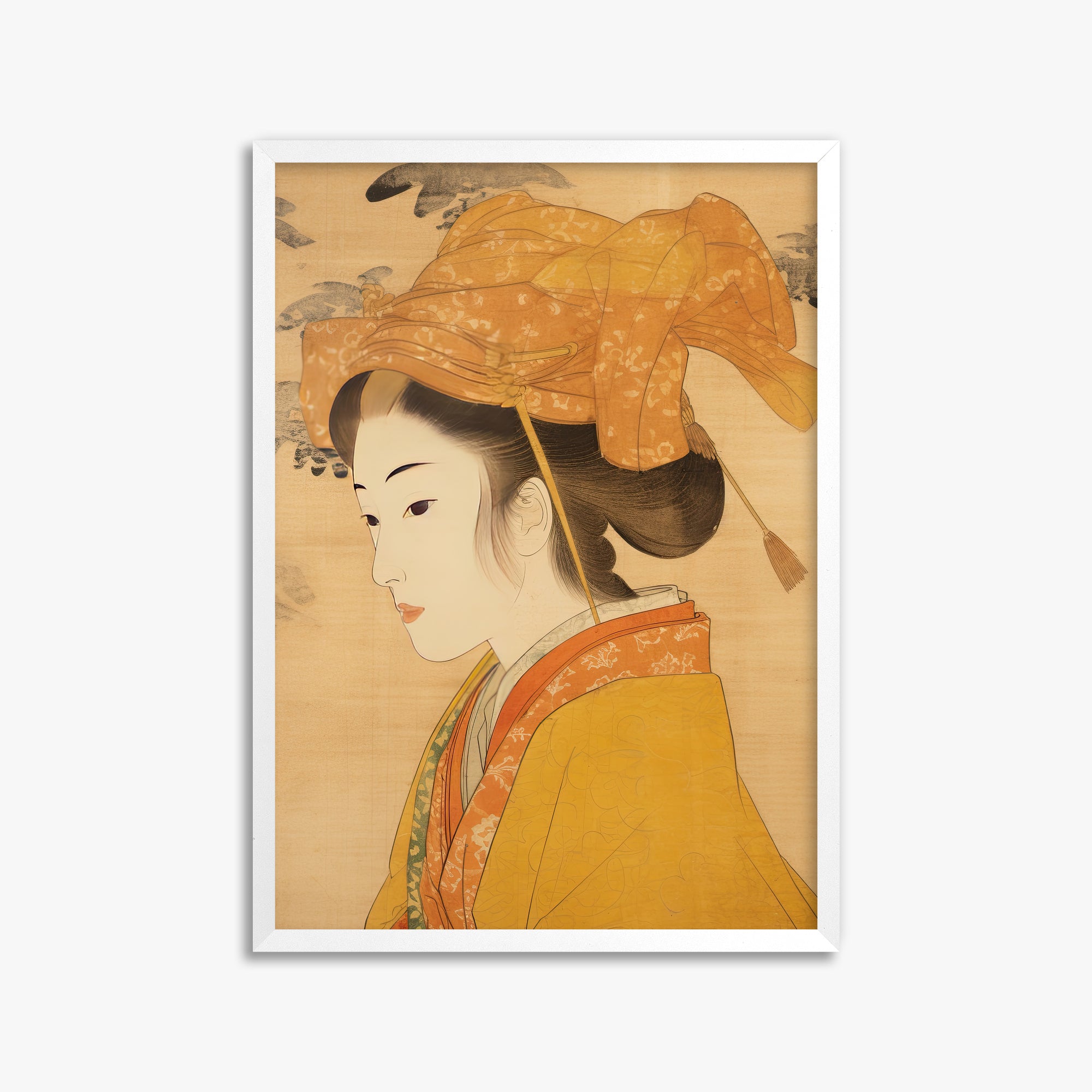 Golden Kimono Elegance, 50x70cm Framed Poster With White Frame