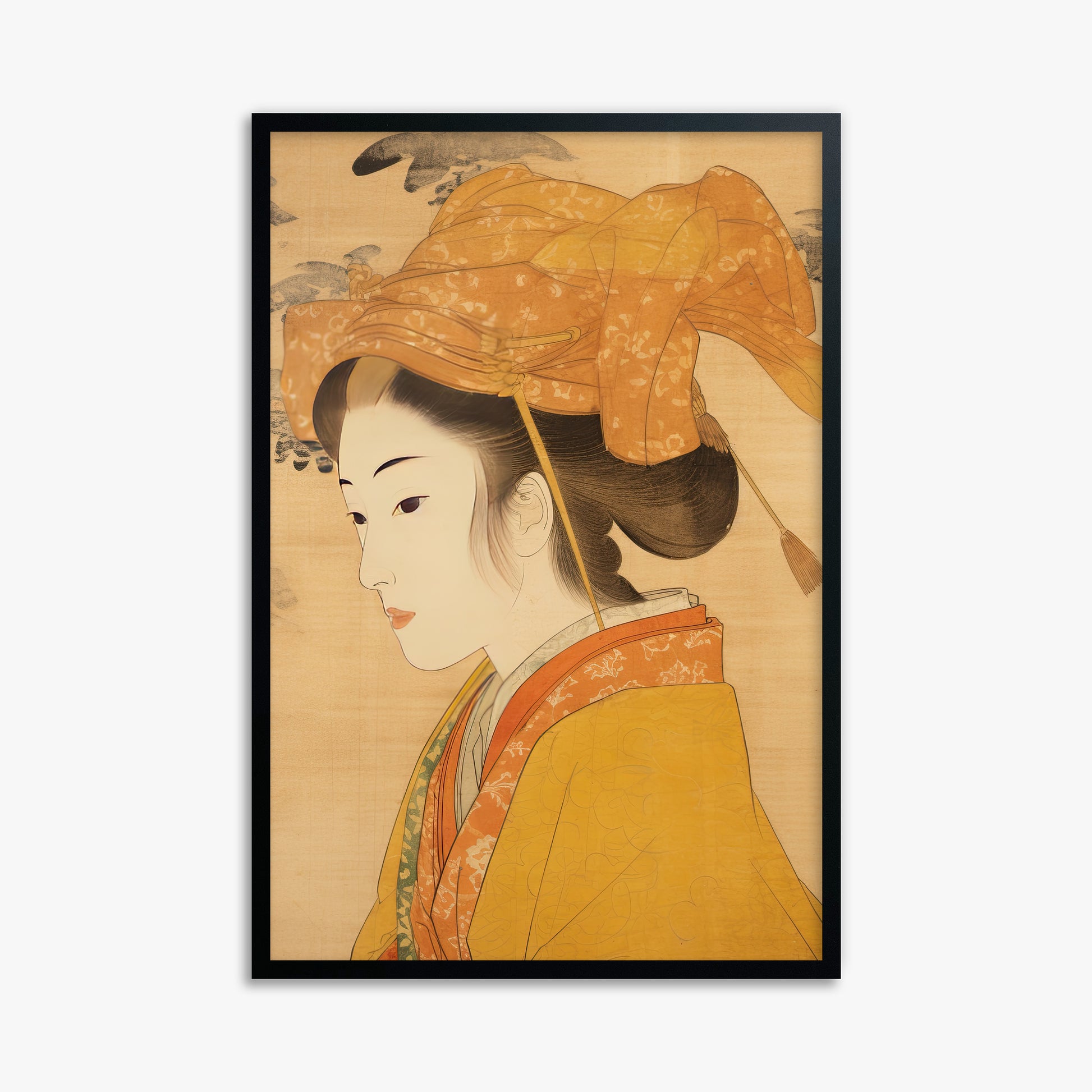 Golden Kimono Elegance, 61x91cm Framed Poster With Black Frame