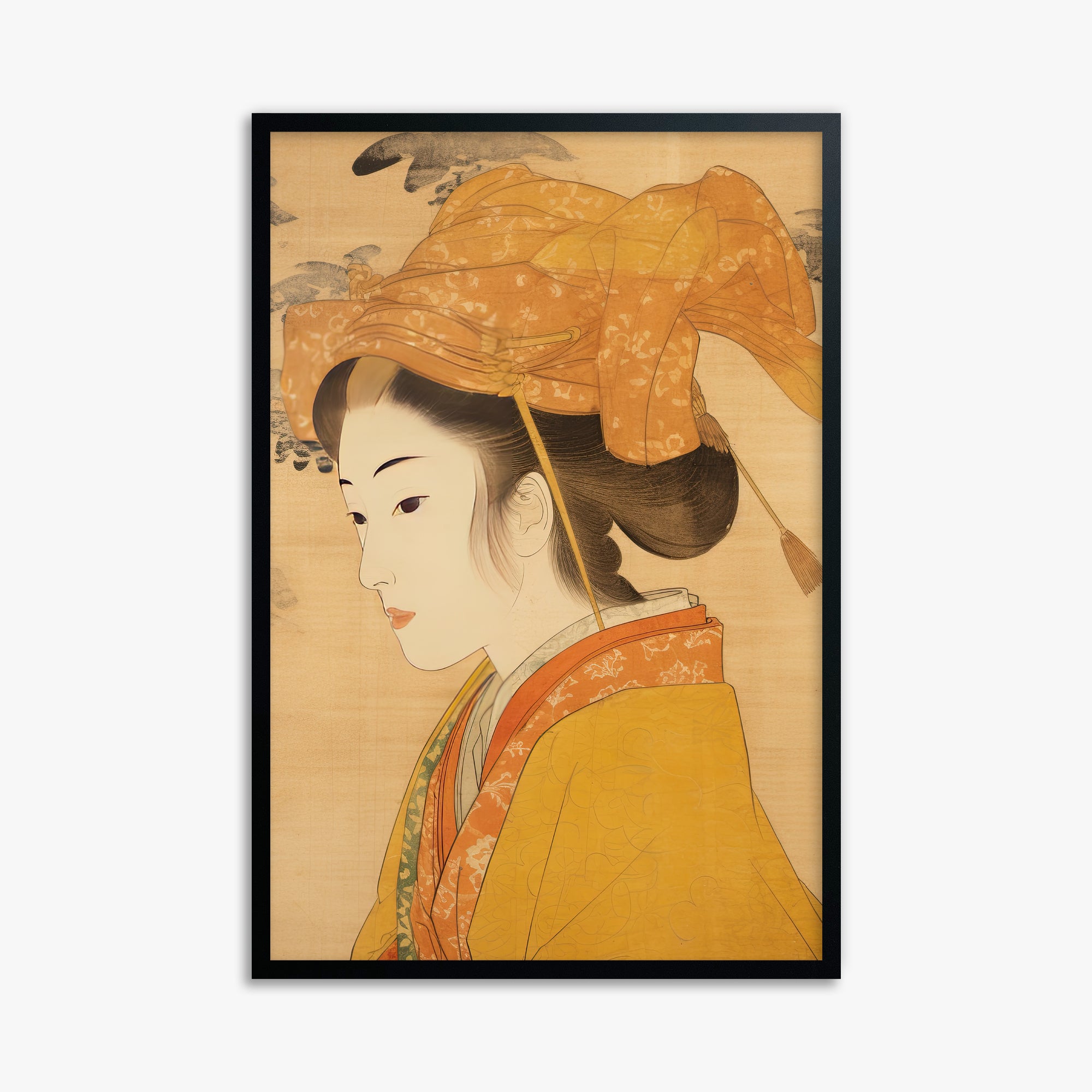 Golden Kimono Elegance, 61x91cm Framed Poster With Black Frame