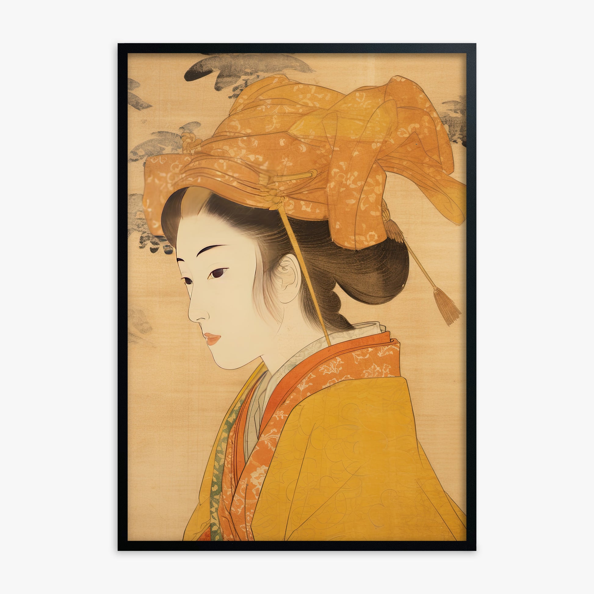 Golden Kimono Elegance, Black Framed Poster With Black Frame