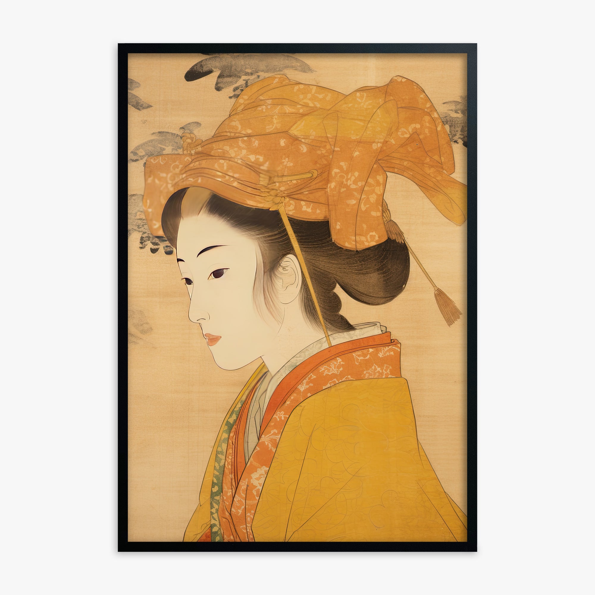 Golden Kimono Elegance, Black Framed Poster With Black Frame