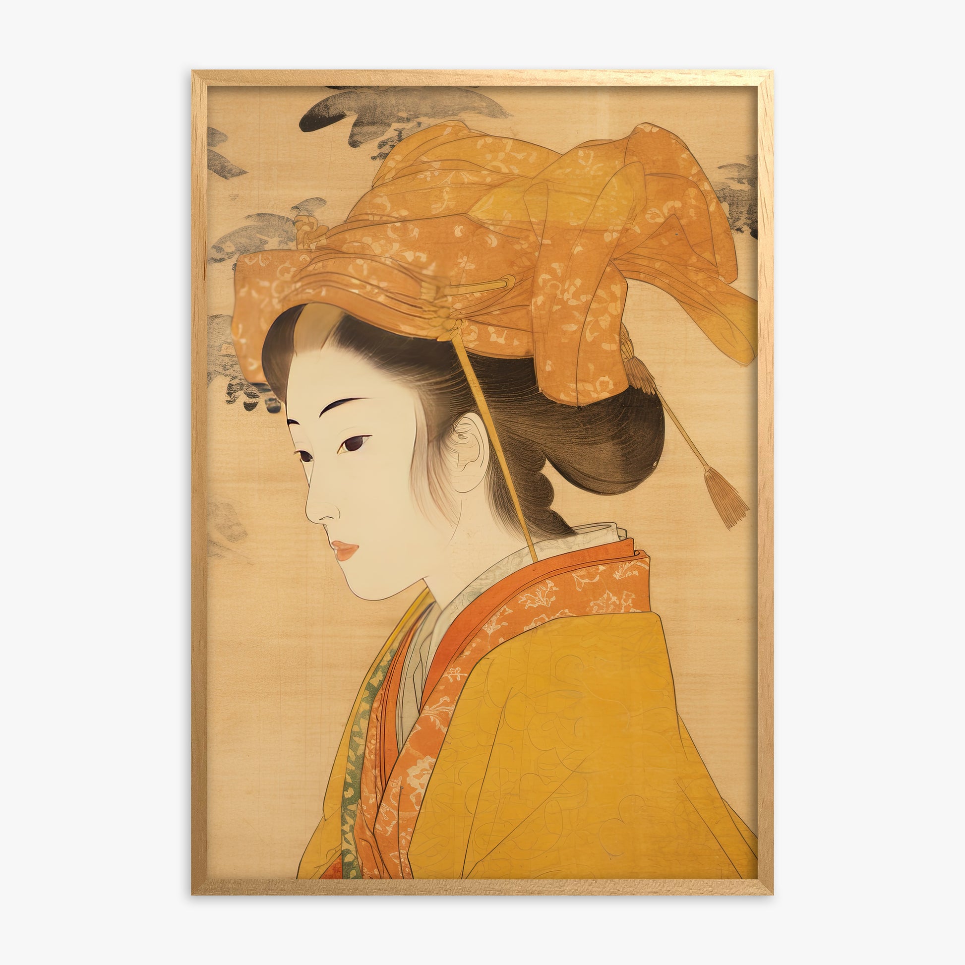 Golden Kimono Elegance, Oak Framed Poster With Oak Frame