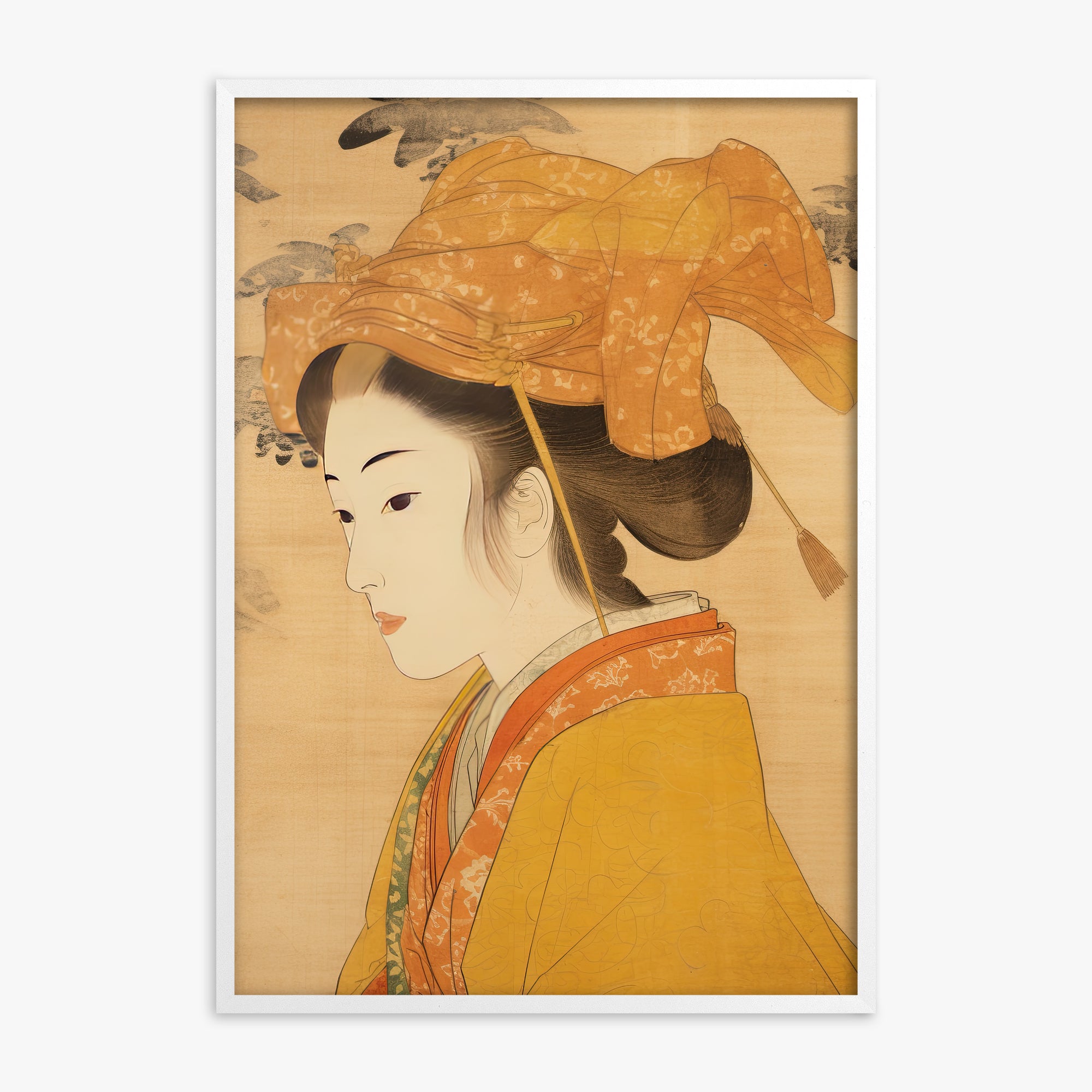 Golden Kimono Elegance, White Framed Poster With White Frame