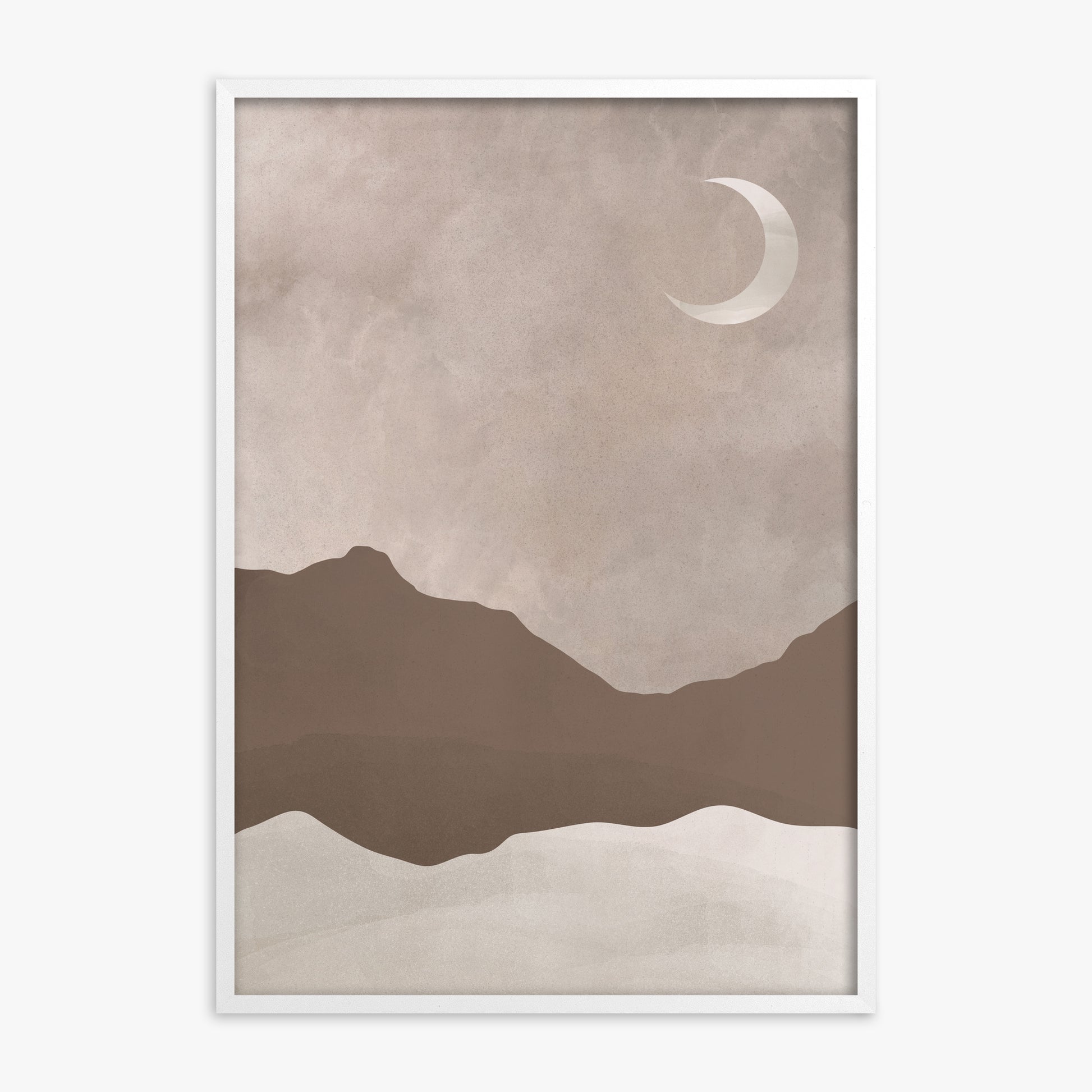 Serene Crescent Mountain, White Framed Poster With White Frame