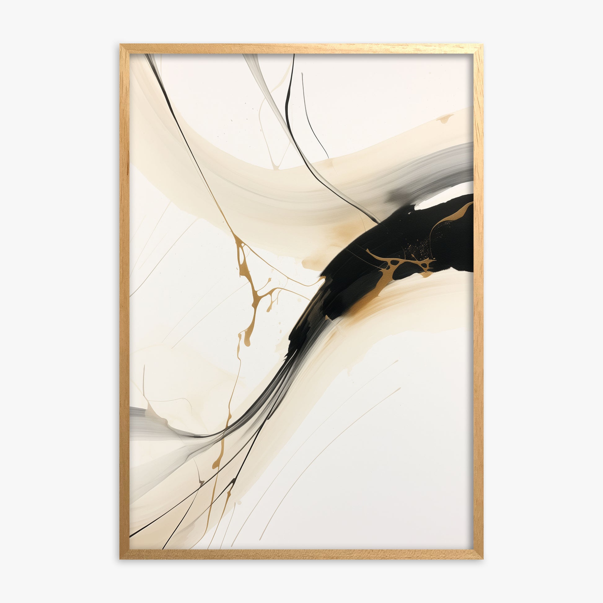 Inked Cascade, Oak Framed Poster With Oak Frame