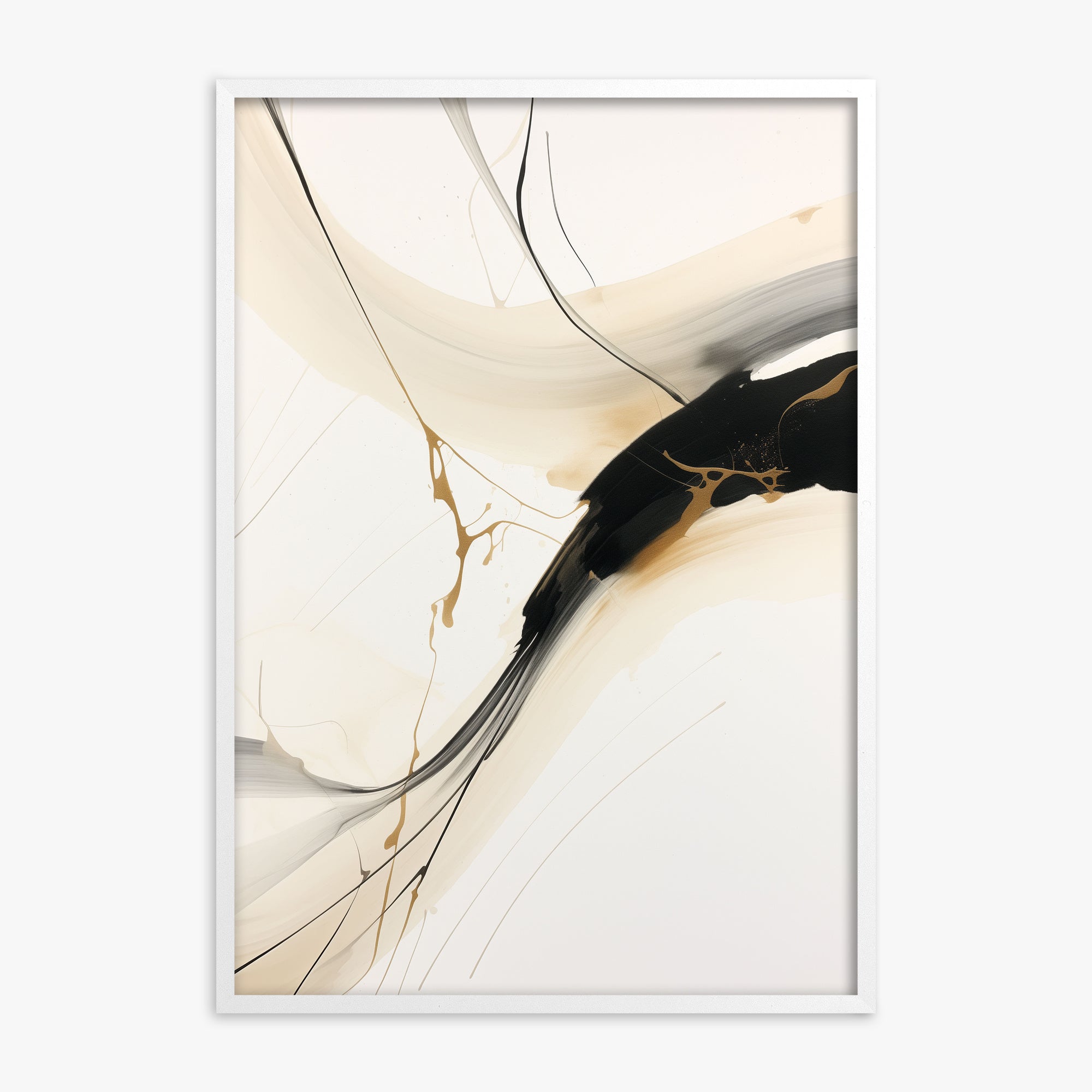 Inked Cascade, White Framed Poster With White Frame