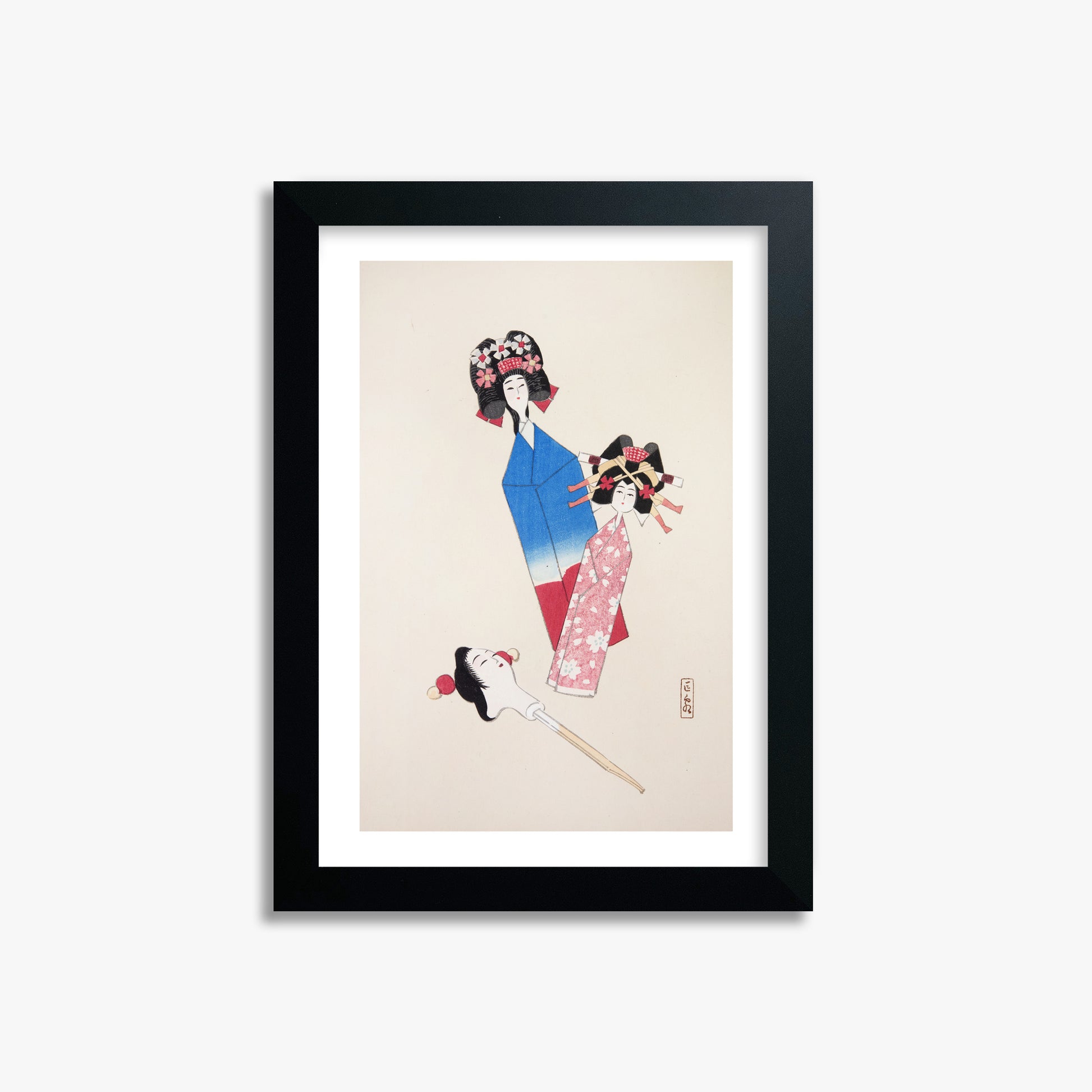 Kawasaki Kyosen: Kyosen’s Collected Illustrations of Japanese Toys Nr. 1 ("Japanese Dolls Ensemble"), 21x30cm Framed Art Reproduction With Black Frame
