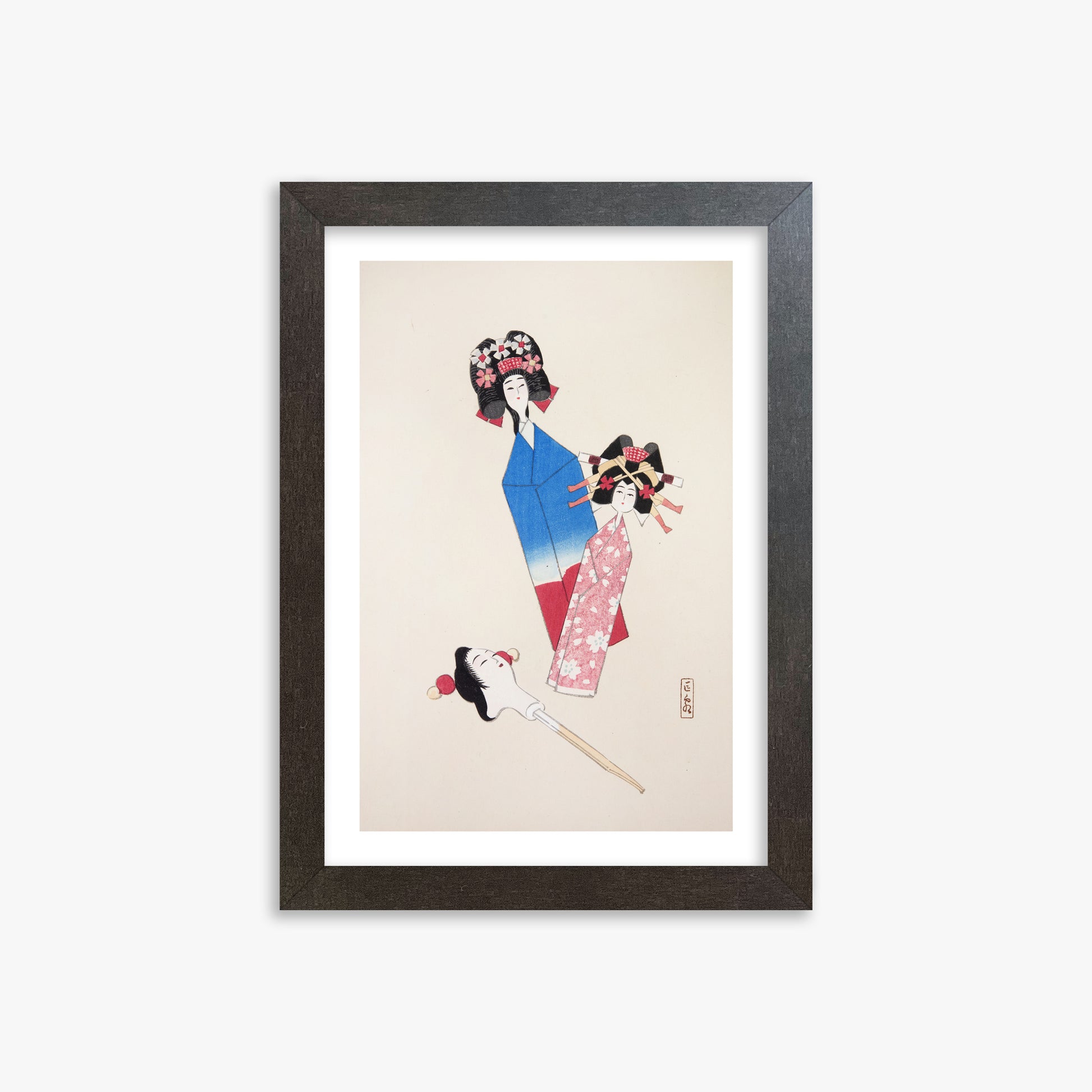 Kawasaki Kyosen: Kyosen’s Collected Illustrations of Japanese Toys Nr. 1 ("Japanese Dolls Ensemble"), 21x30cm Framed Art Reproduction With Espresso Frame