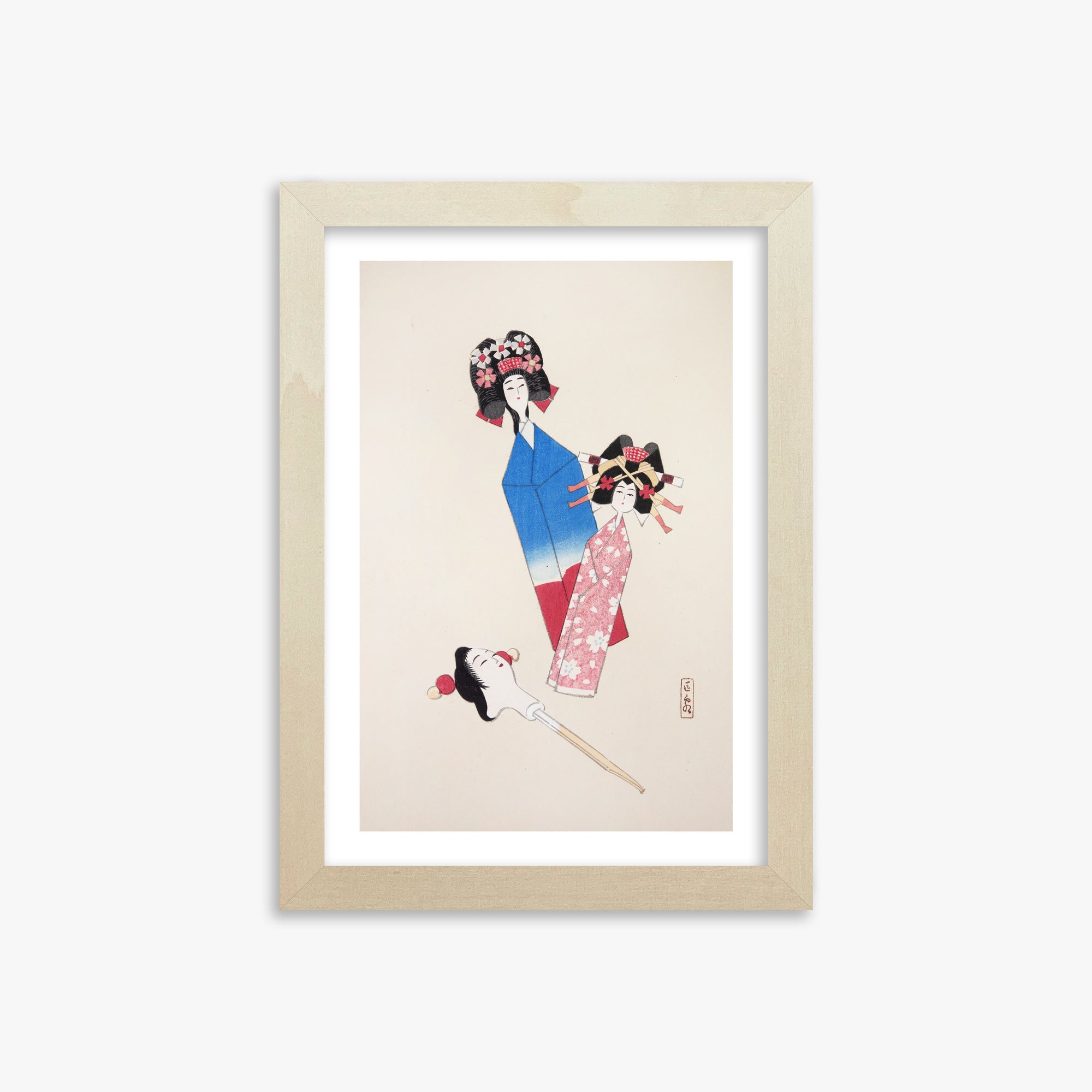 Kawasaki Kyosen: Kyosen’s Collected Illustrations of Japanese Toys Nr. 1 ("Japanese Dolls Ensemble"), 21x30cm Framed Art Reproduction With Lime Wood Frame