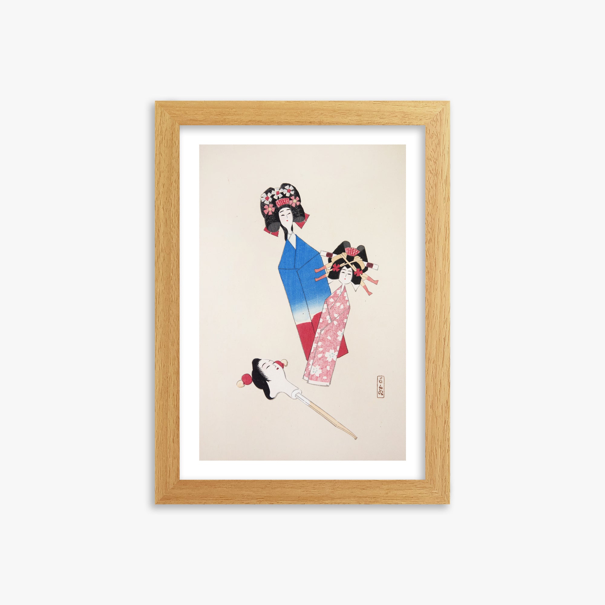 Kawasaki Kyosen: Kyosen’s Collected Illustrations of Japanese Toys Nr. 1 ("Japanese Dolls Ensemble"), 21x30cm Framed Art Reproduction With Oak Frame