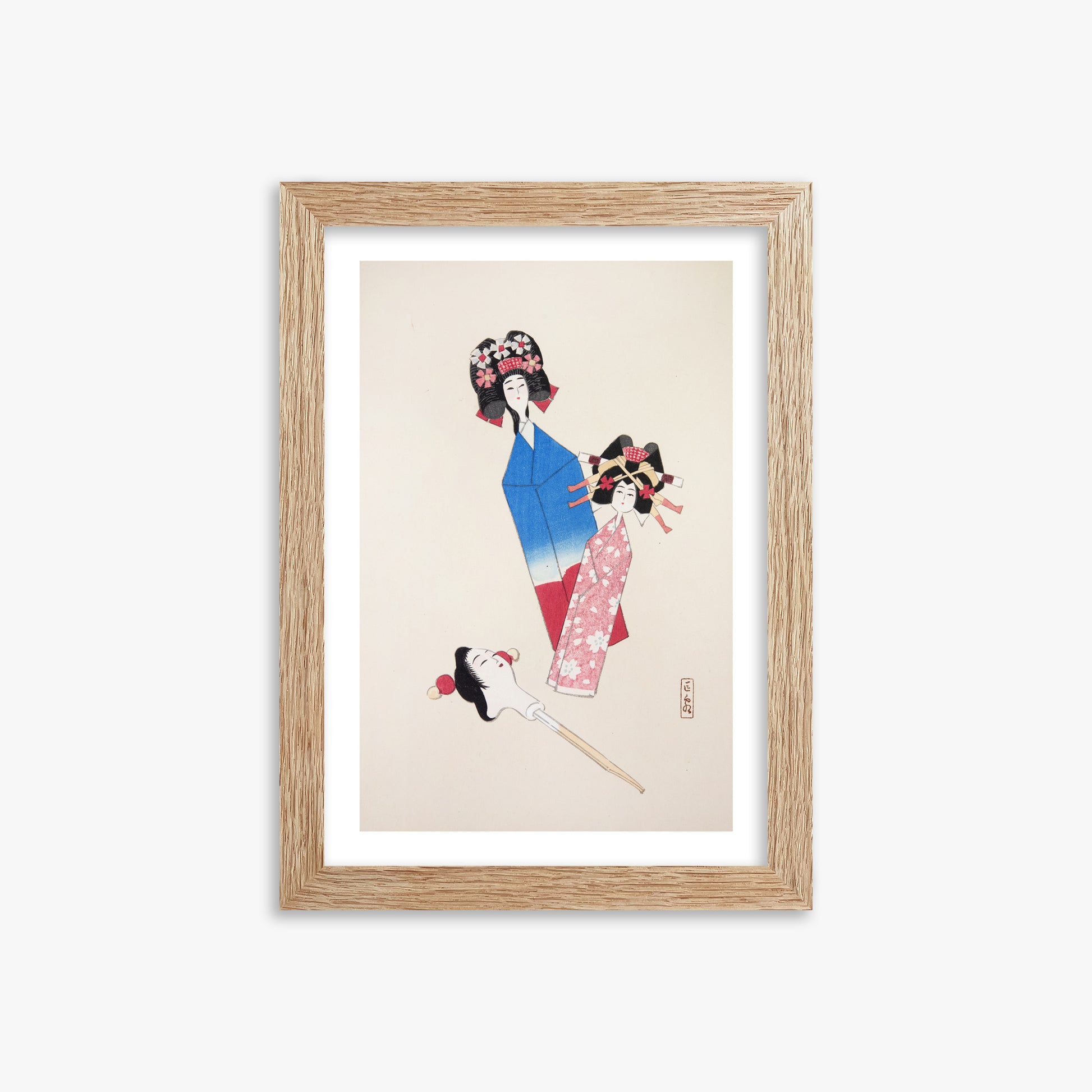 Kawasaki Kyosen: Kyosen’s Collected Illustrations of Japanese Toys Nr. 1 ("Japanese Dolls Ensemble"), 21x30cm Framed Art Reproduction With Raw Oak Frame