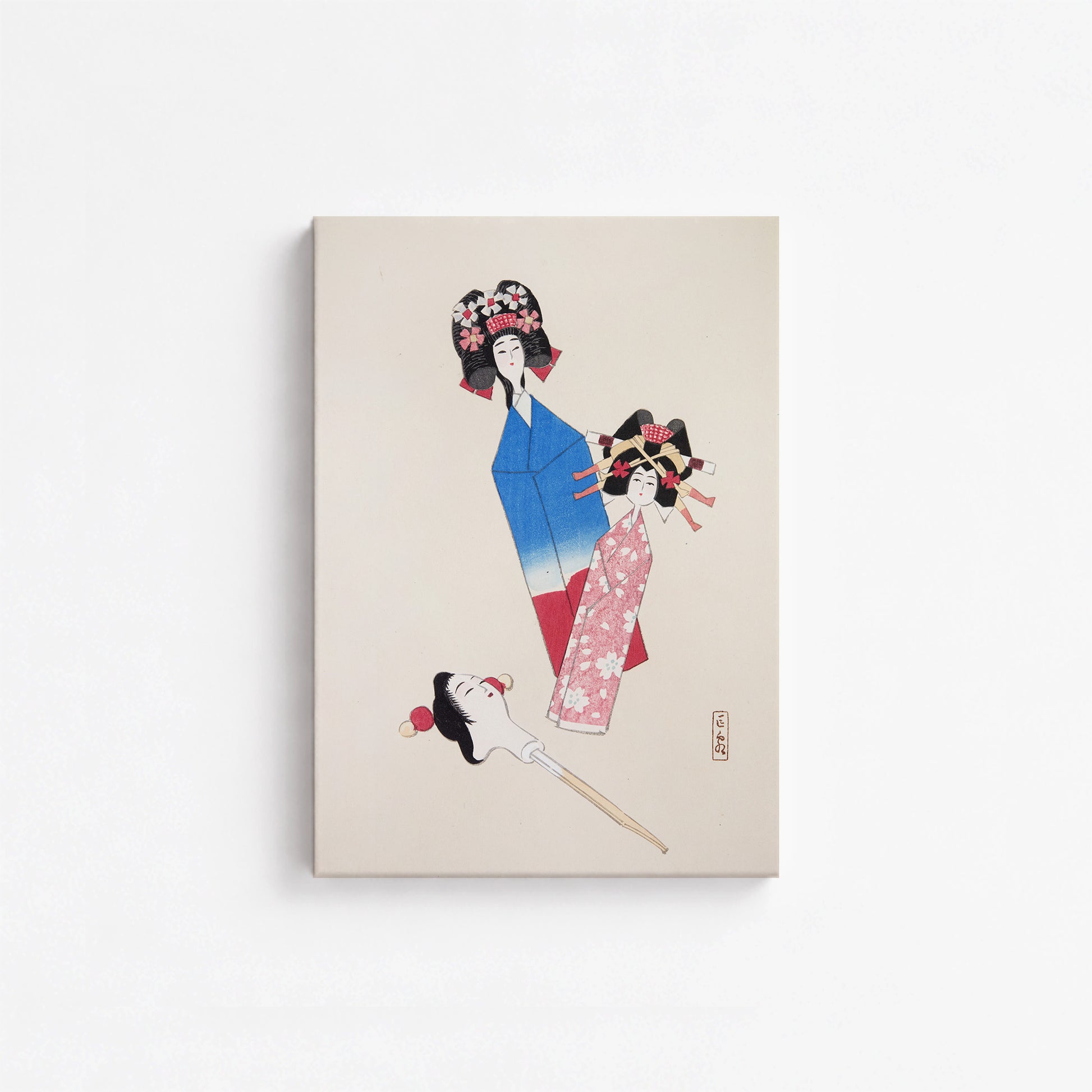 Kawasaki Kyosen: Kyosen’s Collected Illustrations of Japanese Toys Nr. 1 ("Japanese Dolls Ensemble"), 21x30cm Satin Canvas Art Reproduction