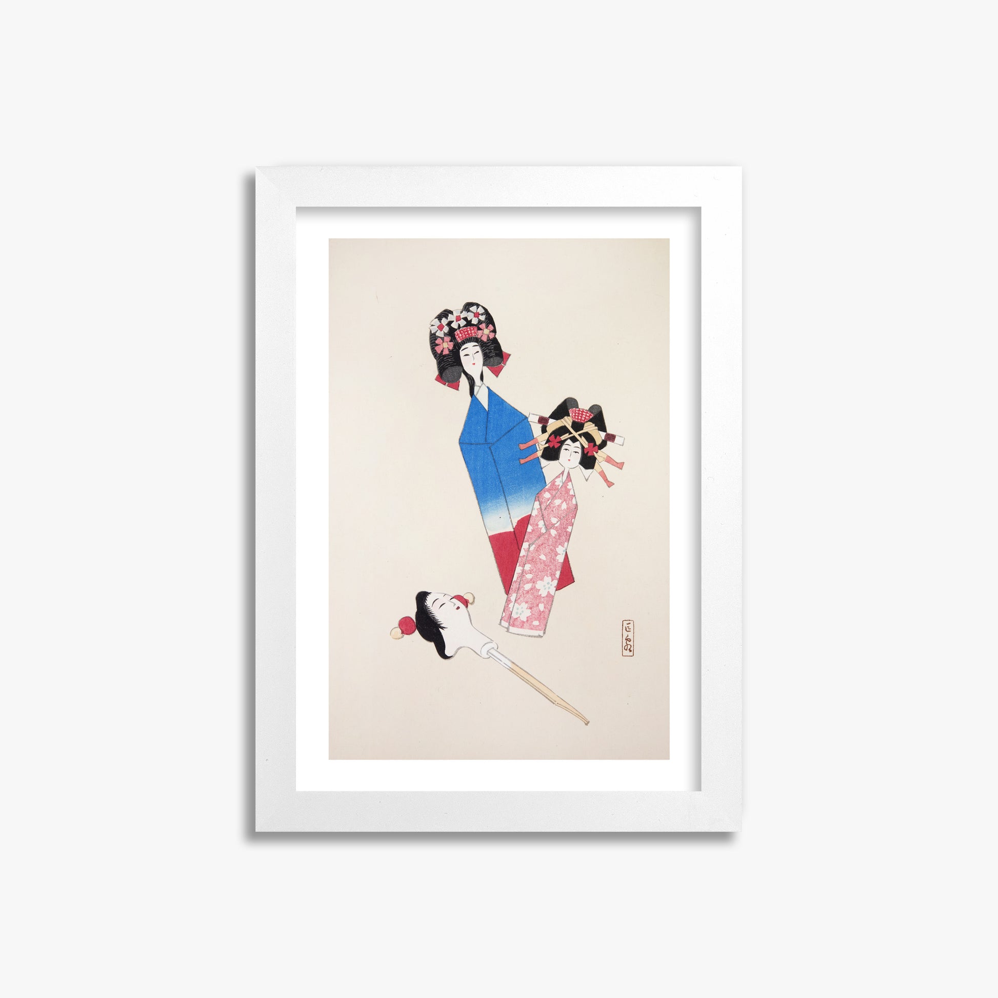 Kawasaki Kyosen: Kyosen’s Collected Illustrations of Japanese Toys Nr. 1 ("Japanese Dolls Ensemble"), 21x30cm Framed Art Reproduction With White Frame