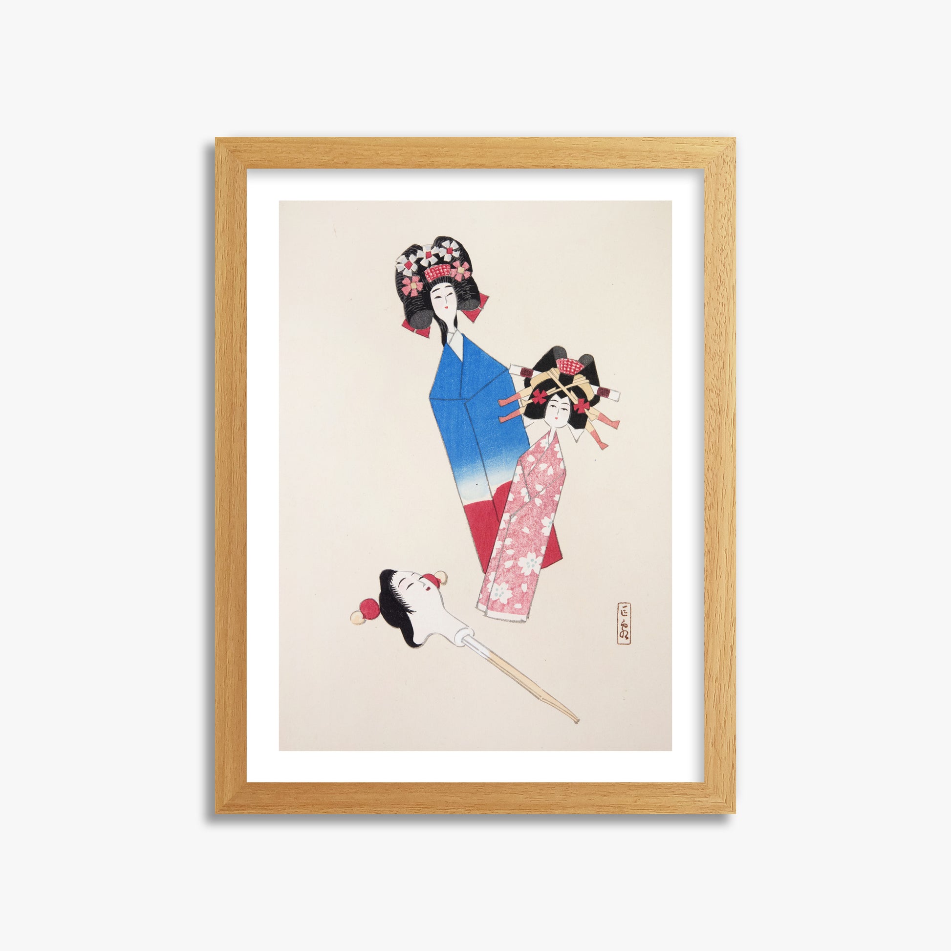 Kawasaki Kyosen: Kyosen’s Collected Illustrations of Japanese Toys Nr. 1 ("Japanese Dolls Ensemble"), 30x40cm Framed Art Reproduction With Oak Frame