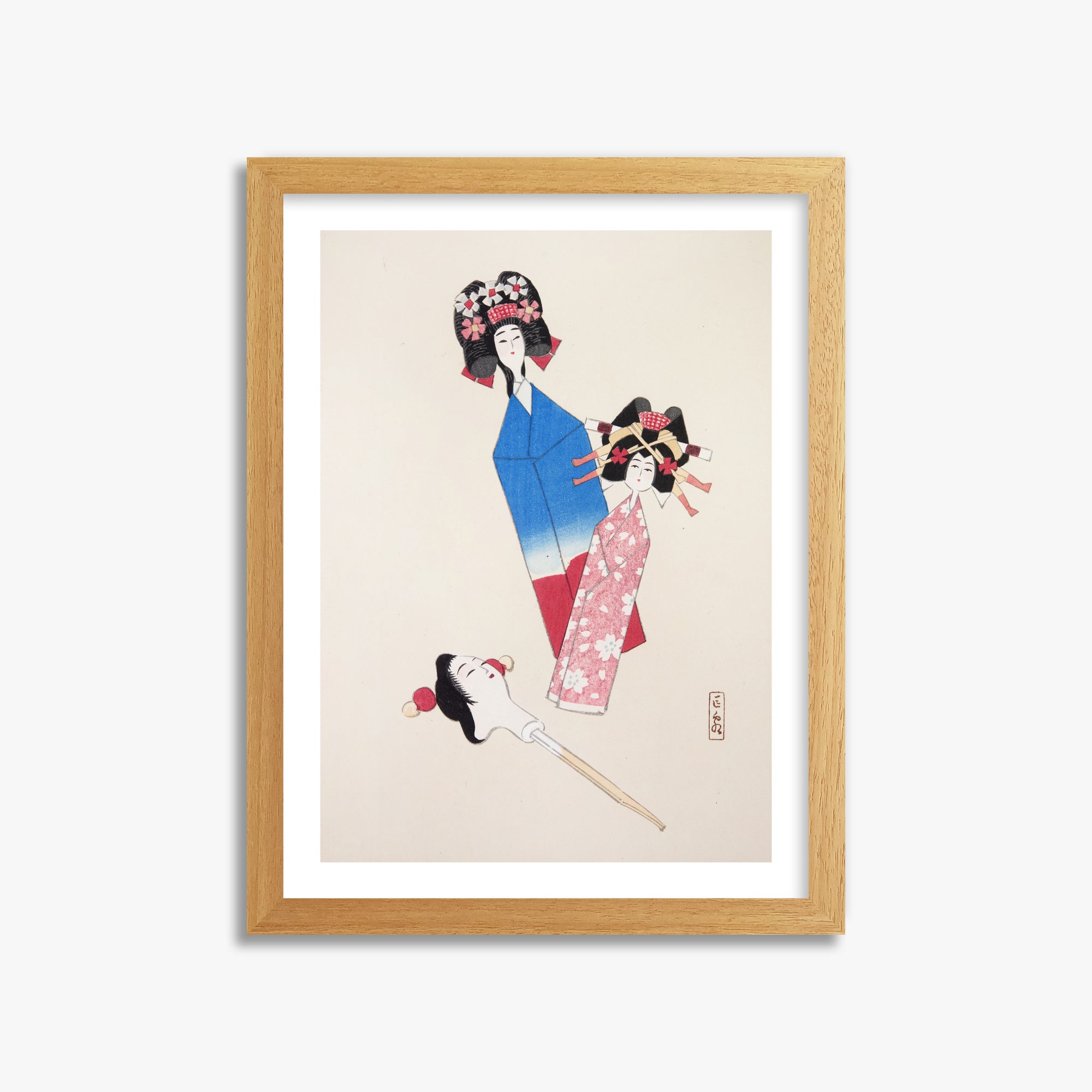 Kawasaki Kyosen: Kyosen’s Collected Illustrations of Japanese Toys Nr. 1 ("Japanese Dolls Ensemble"), 30x40cm Framed Art Reproduction With Oak Frame
