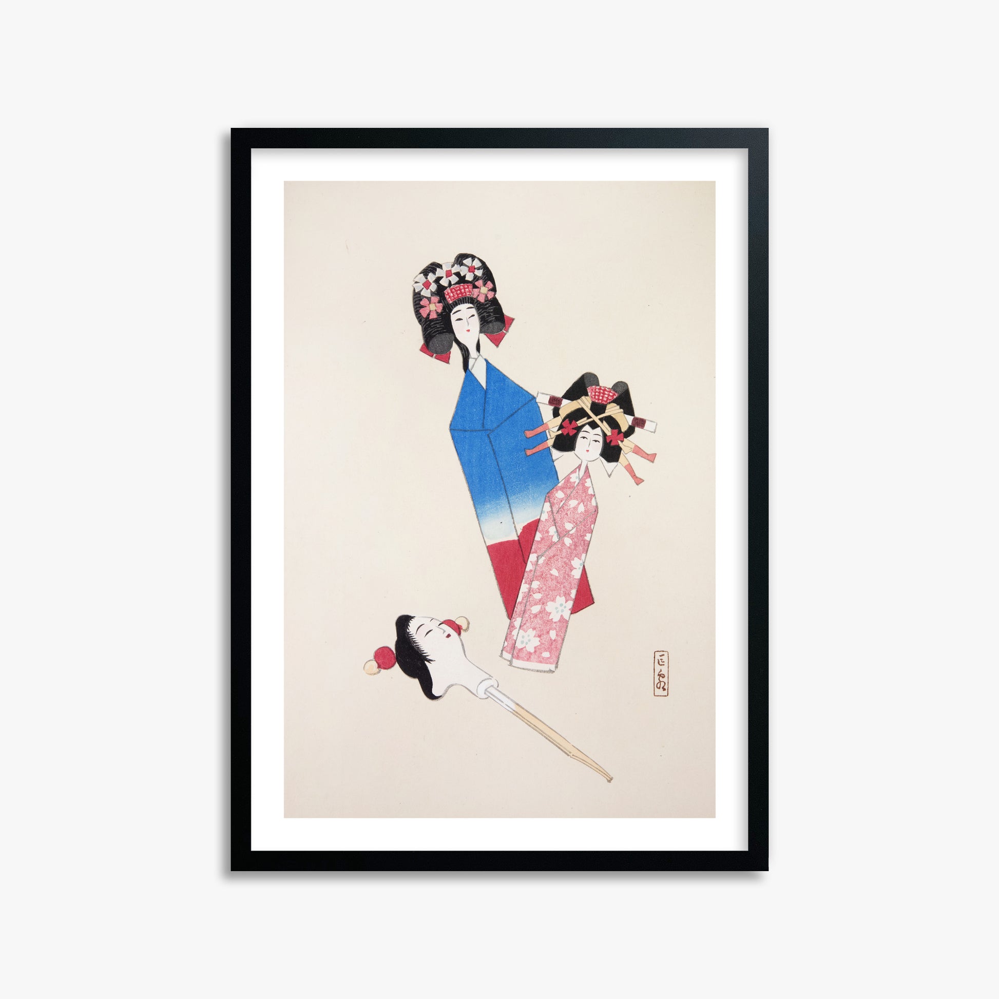 Kawasaki Kyosen: Kyosen’s Collected Illustrations of Japanese Toys Nr. 1 ("Japanese Dolls Ensemble"), 50x70cm Framed Art Reproduction With Black Frame