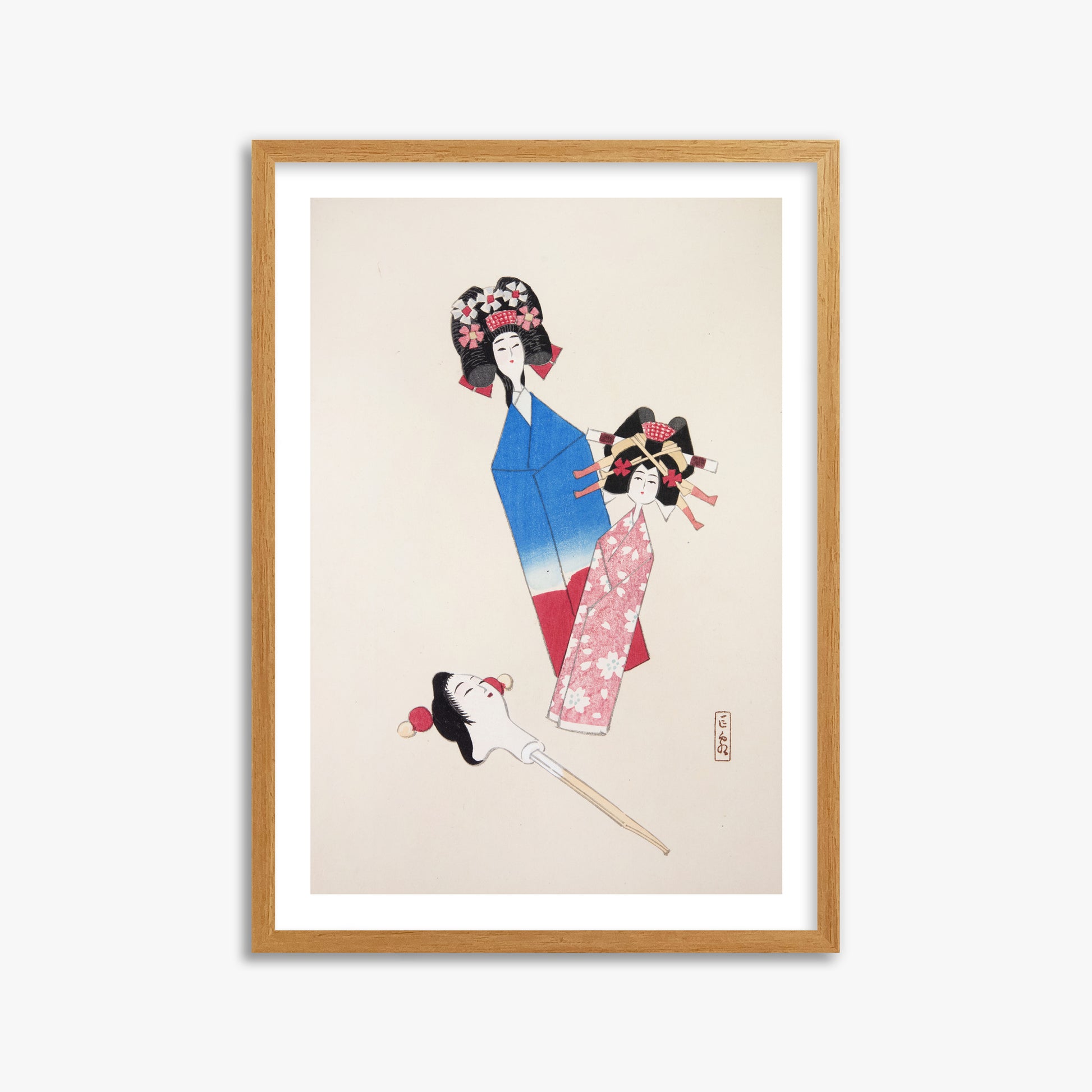 Kawasaki Kyosen: Kyosen’s Collected Illustrations of Japanese Toys Nr. 1 ("Japanese Dolls Ensemble"), 50x70cm Framed Art Reproduction With Oak Frame