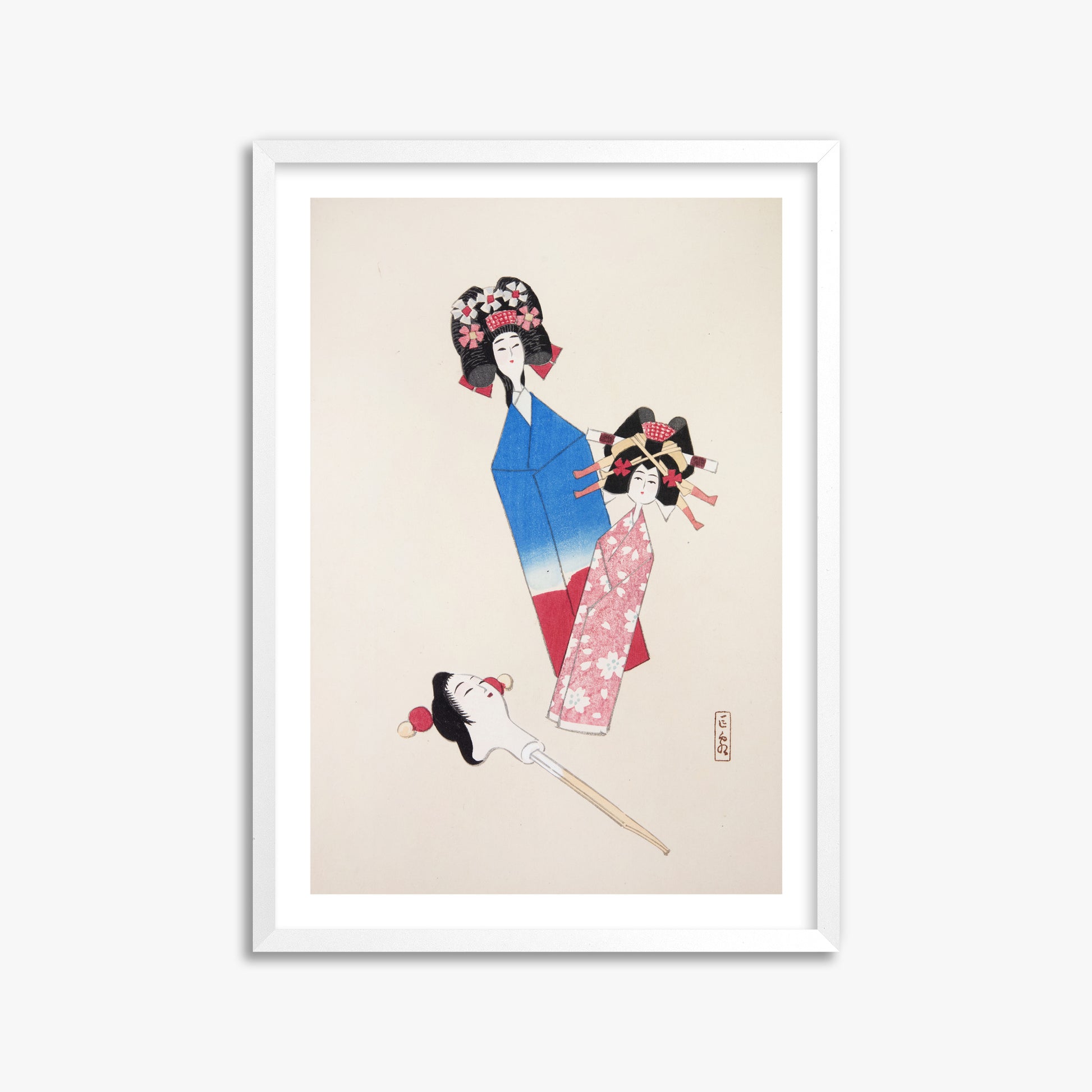 Kawasaki Kyosen: Kyosen’s Collected Illustrations of Japanese Toys Nr. 1 ("Japanese Dolls Ensemble"), 50x70cm Framed Art Reproduction With White Frame