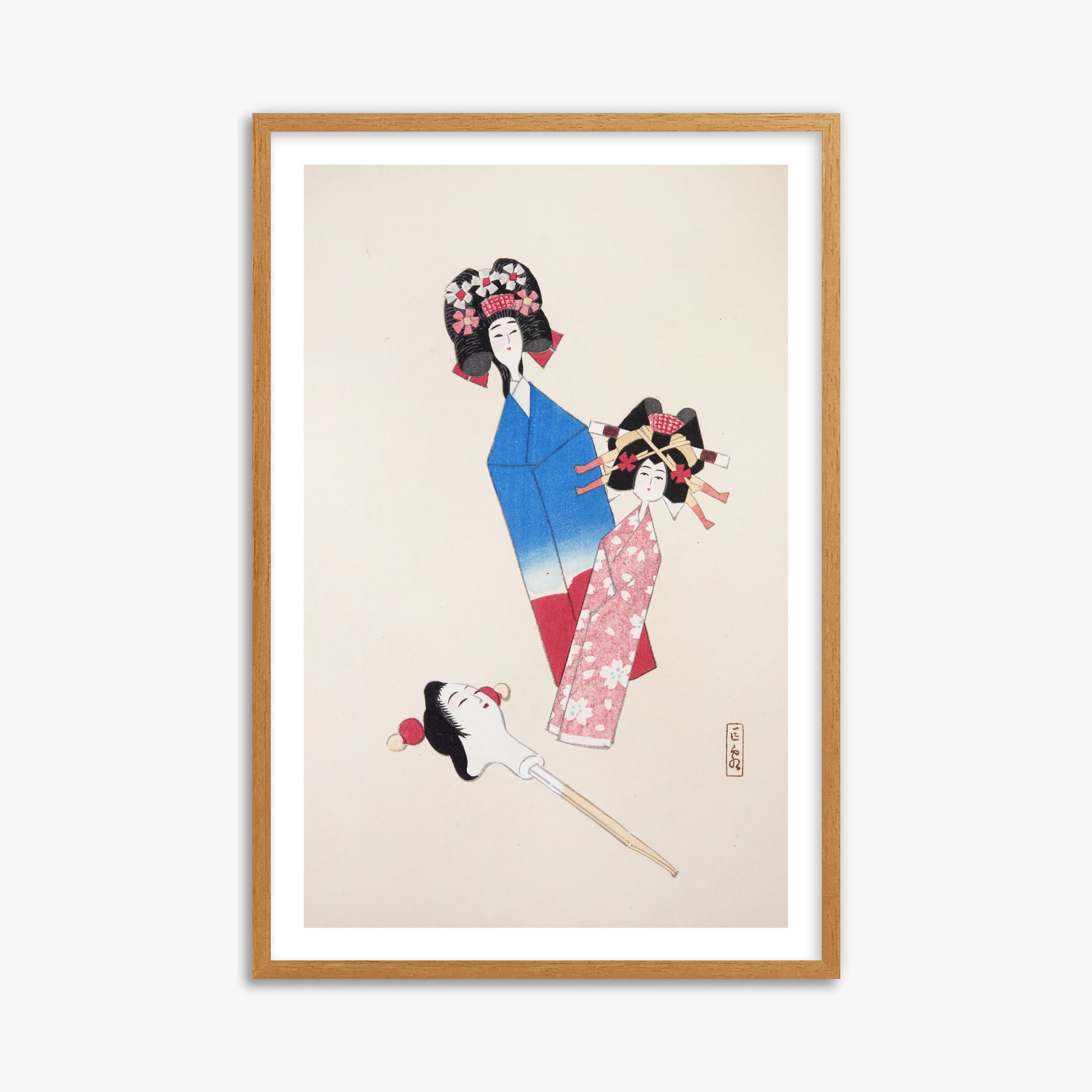 Kawasaki Kyosen: Kyosen’s Collected Illustrations of Japanese Toys Nr. 1 ("Japanese Dolls Ensemble"), 61x91cm Framed Art Reproduction With Oak Frame