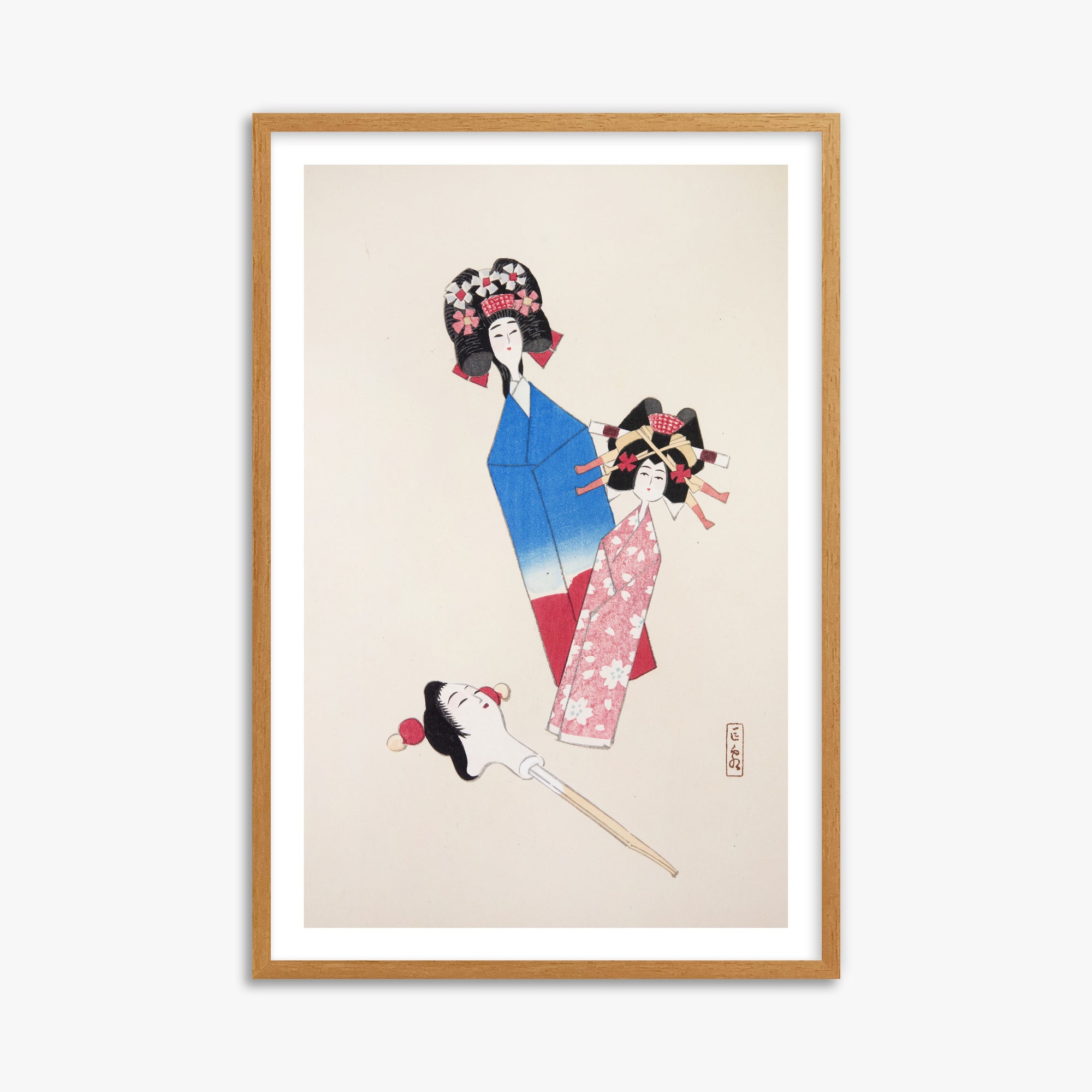 Kawasaki Kyosen: Kyosen’s Collected Illustrations of Japanese Toys Nr. 1 ("Japanese Dolls Ensemble"), 61x91cm Framed Art Reproduction With Oak Frame