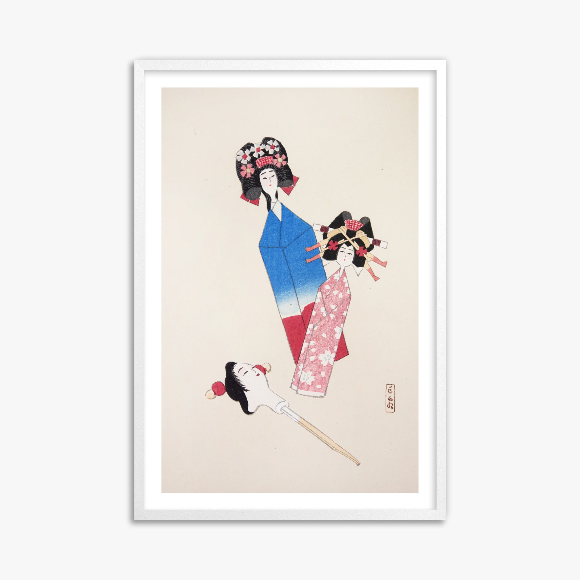Kawasaki Kyosen: Kyosen’s Collected Illustrations of Japanese Toys Nr. 1 ("Japanese Dolls Ensemble"), 61x91cm Framed Art Reproduction With White Frame