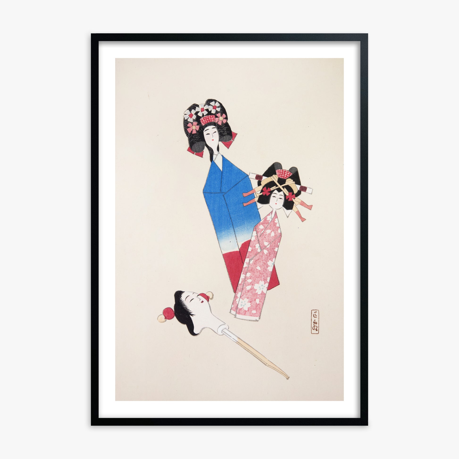 Kawasaki Kyosen: Kyosen’s Collected Illustrations of Japanese Toys Nr. 1 ("Japanese Dolls Ensemble"), 70x100cm Framed Art Reproduction With Black Frame