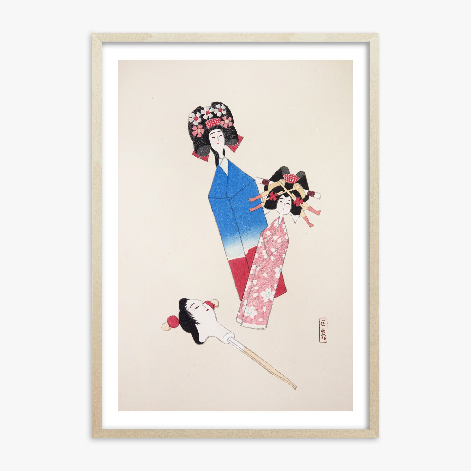 Kawasaki Kyosen: Kyosen’s Collected Illustrations of Japanese Toys Nr. 1 ("Japanese Dolls Ensemble"), 70x100cm Framed Art Reproduction With Lime Wood Frame