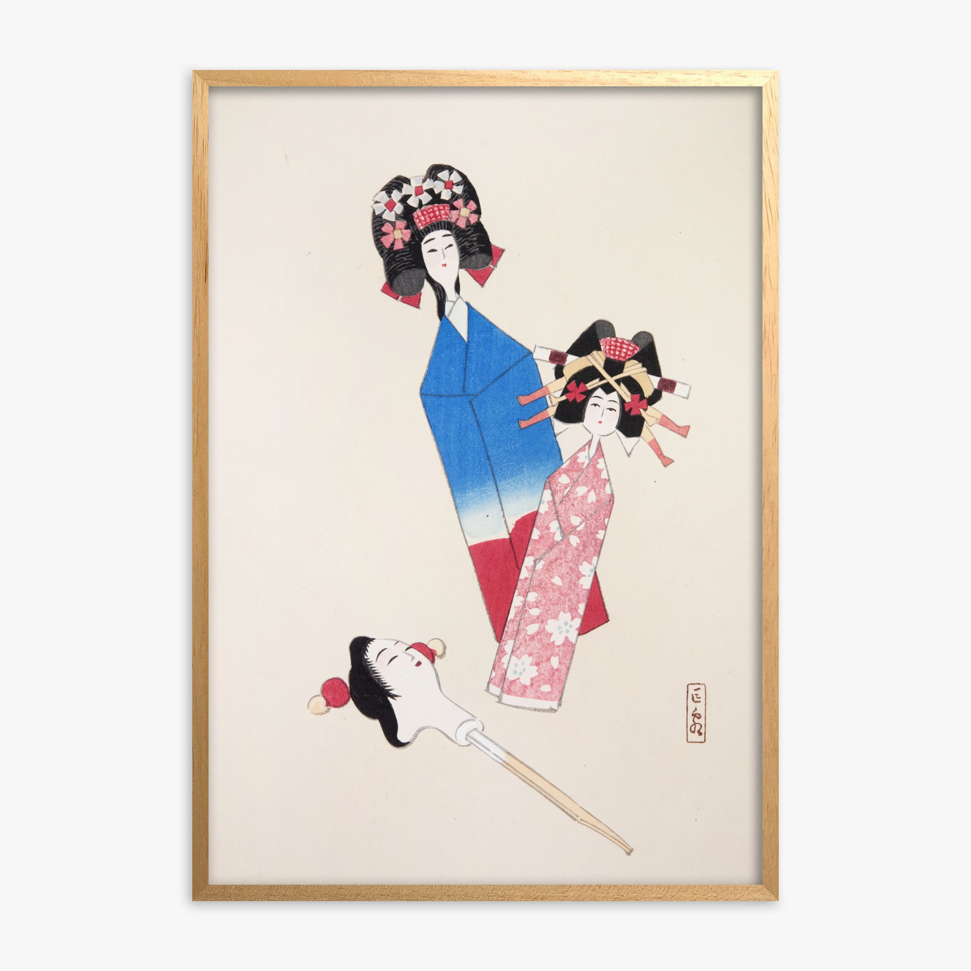 Kawasaki Kyosen: Kyosen’s Collected Illustrations of Japanese Toys Nr. 1 ("Japanese Dolls Ensemble"), Oak Framed Art Reproduction With Oak Frame