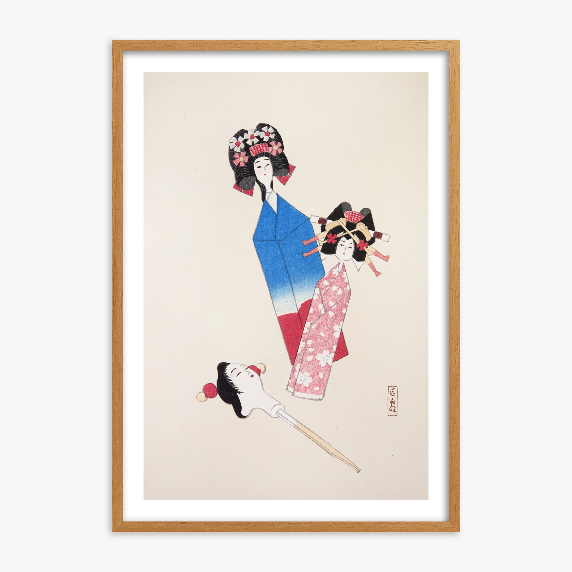 Kawasaki Kyosen: Kyosen’s Collected Illustrations of Japanese Toys Nr. 1 ("Japanese Dolls Ensemble"), 70x100cm Framed Art Reproduction With Oak Frame