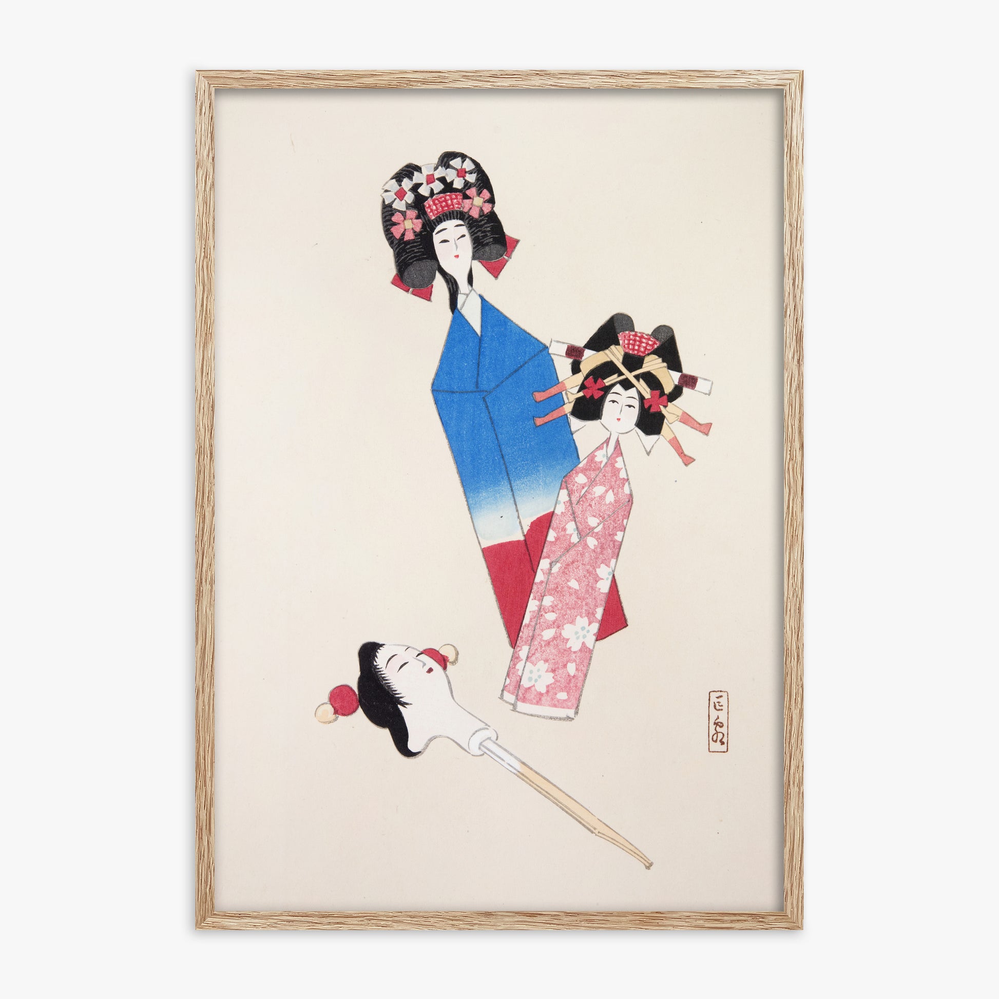 Kawasaki Kyosen: Kyosen’s Collected Illustrations of Japanese Toys Nr. 1 ("Japanese Dolls Ensemble"), 70x100cm Framed Art Reproduction With Raw Oak Frame
