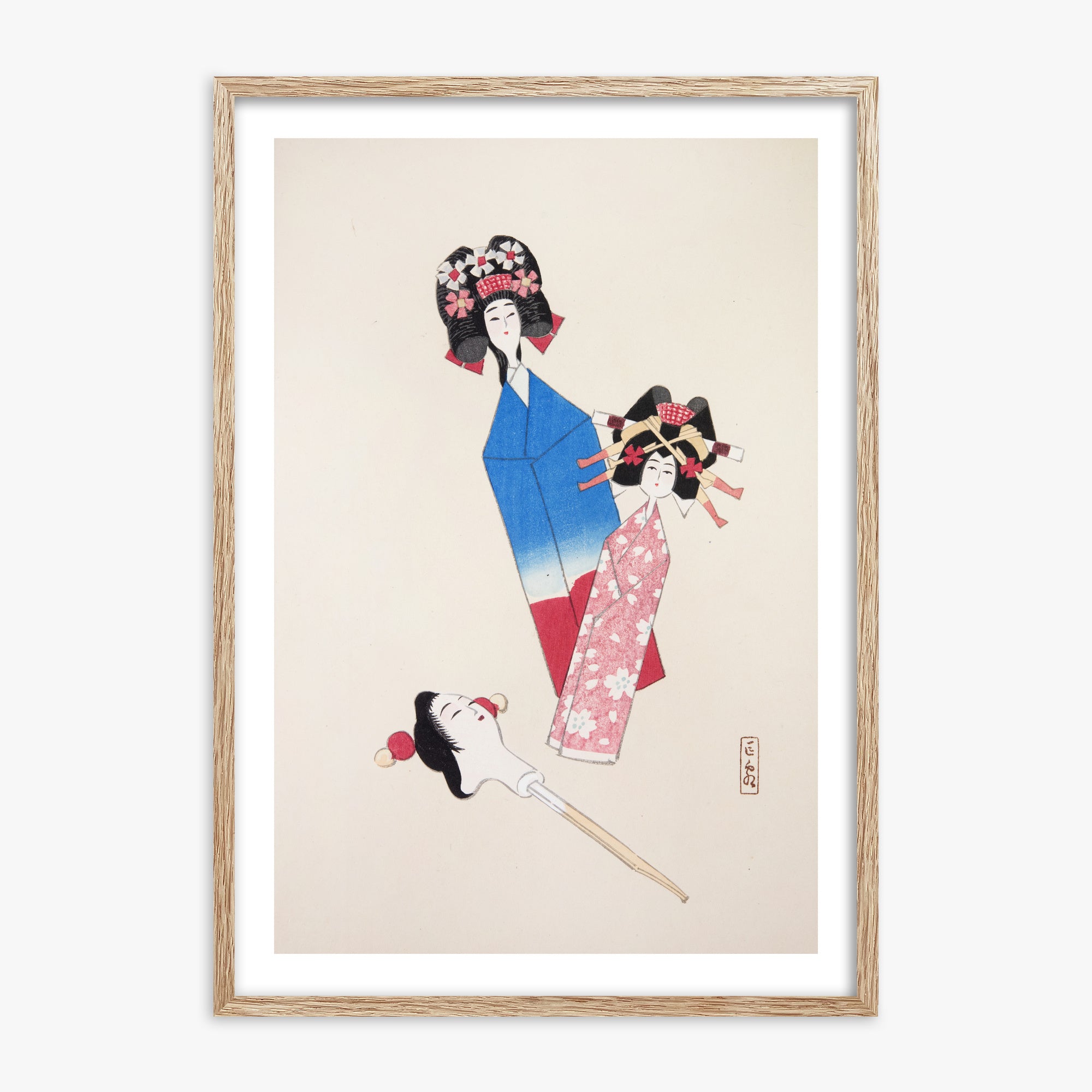 Kawasaki Kyosen: Kyosen’s Collected Illustrations of Japanese Toys Nr. 1 ("Japanese Dolls Ensemble"), 70x100cm Framed Art Reproduction With Raw Oak Frame