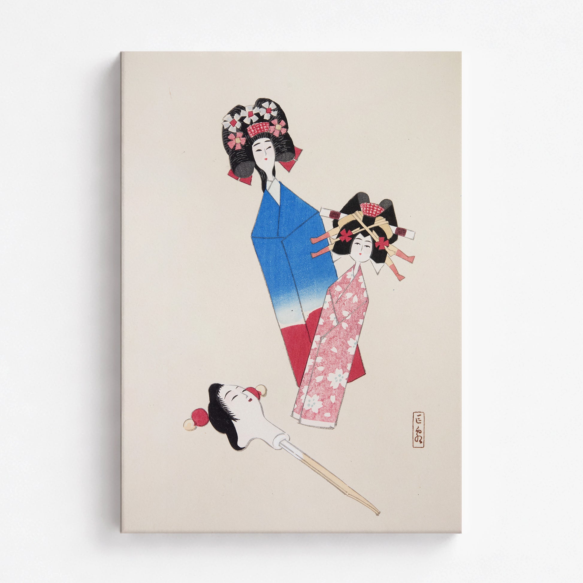 Kawasaki Kyosen: Kyosen’s Collected Illustrations of Japanese Toys Nr. 1 ("Japanese Dolls Ensemble"), 70x100cm Satin Canvas Art Reproduction