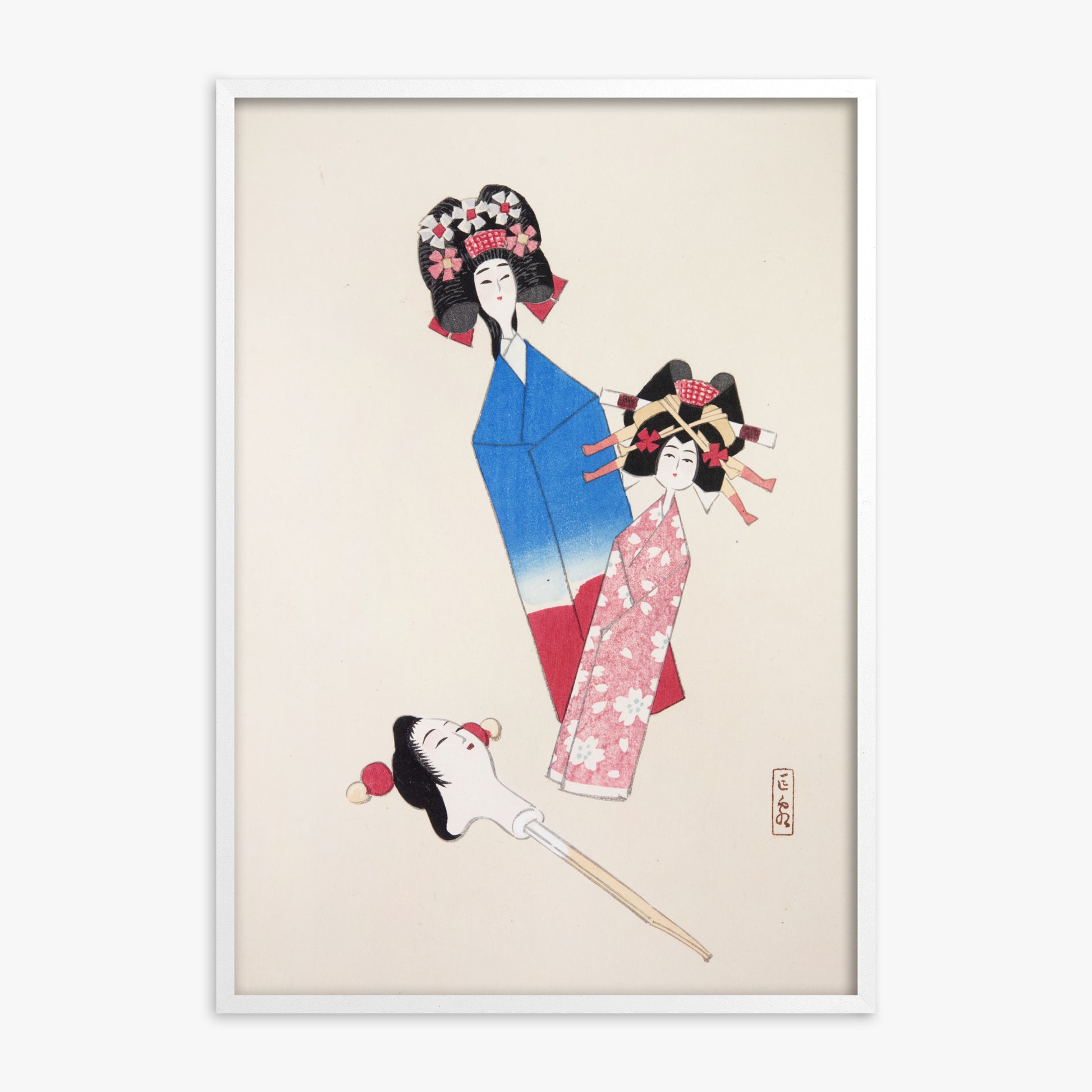 Kawasaki Kyosen: Kyosen’s Collected Illustrations of Japanese Toys Nr. 1 ("Japanese Dolls Ensemble"), White Framed Art Reproduction With White Frame