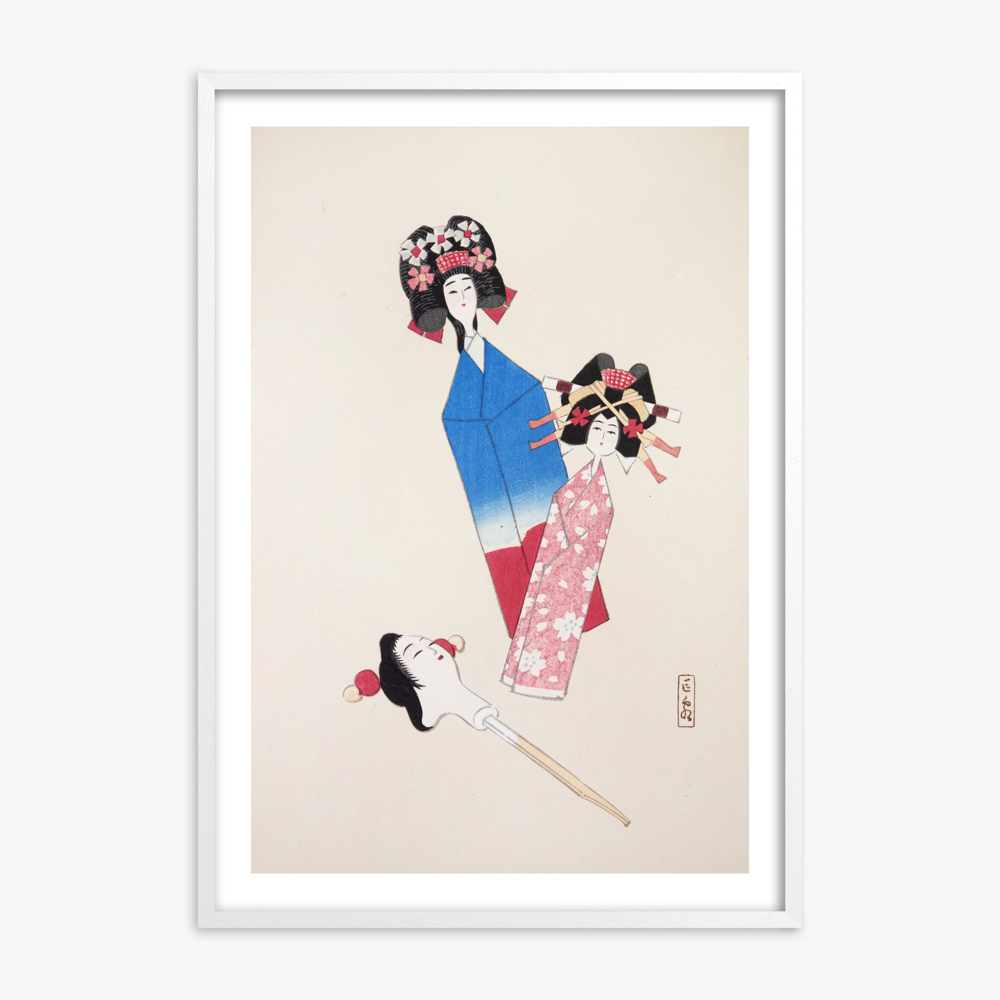 Kawasaki Kyosen: Kyosen’s Collected Illustrations of Japanese Toys Nr. 1 ("Japanese Dolls Ensemble"), 70x100cm Framed Art Reproduction With White Frame