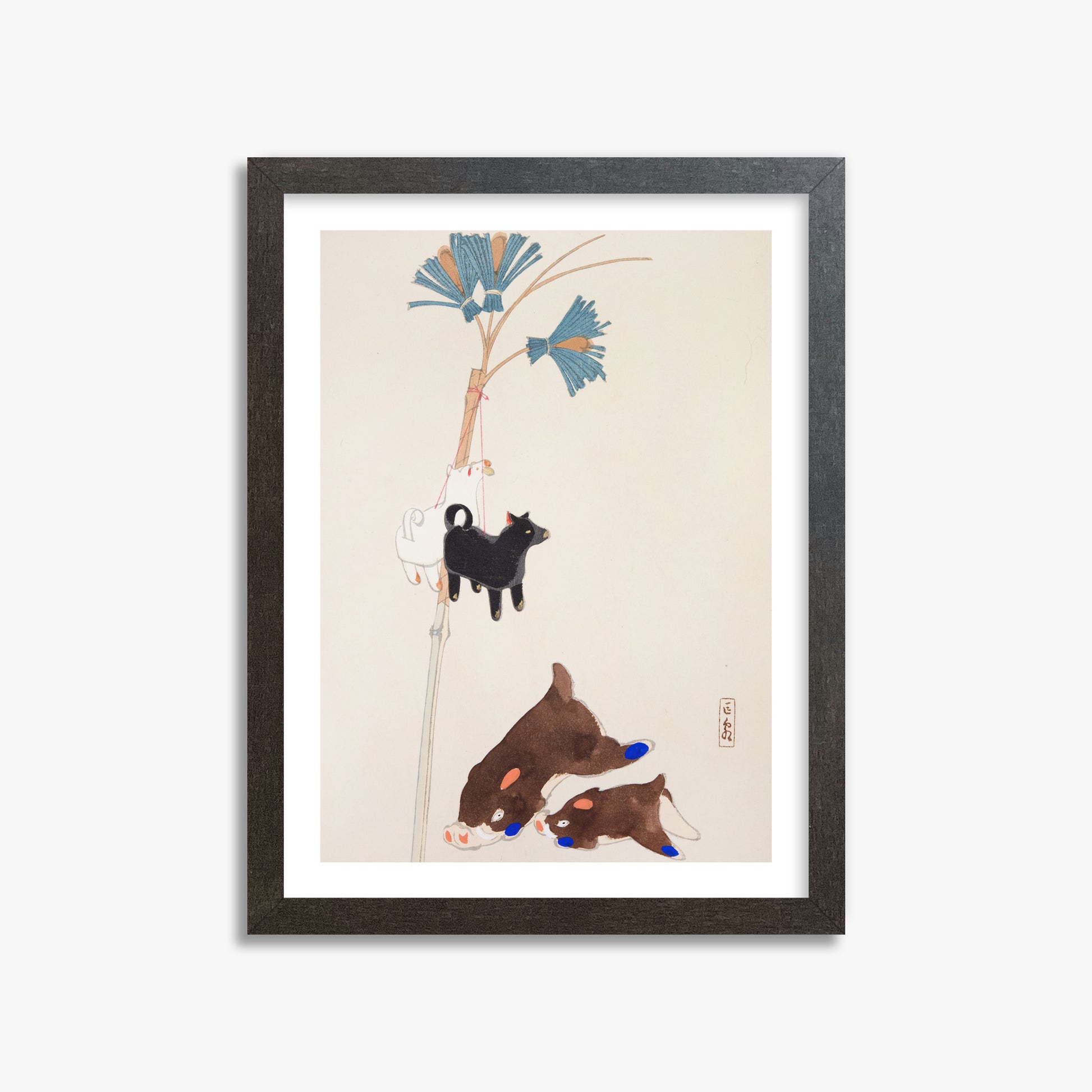 Kawasaki Kyosen: Kyosen’s Collected Illustrations of Japanese Toys Nr. 2 ("Japanese Festival Trinkets"), 30x40cm Framed Art Reproduction With Espresso Frame
