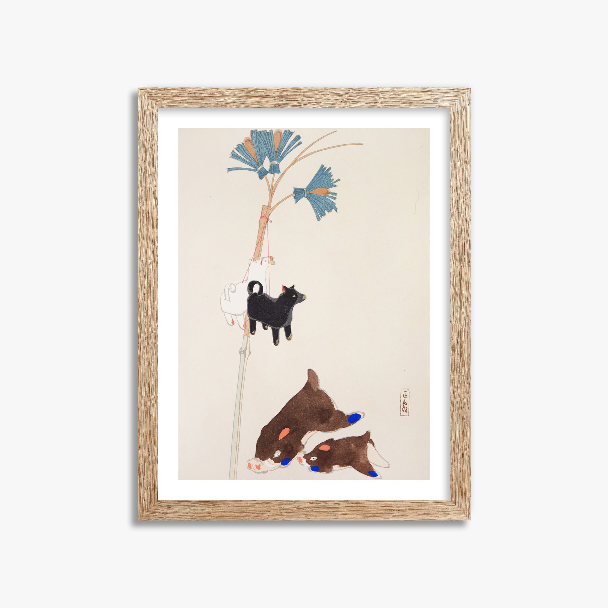 Kawasaki Kyosen: Kyosen’s Collected Illustrations of Japanese Toys Nr. 2 ("Japanese Festival Trinkets"), 30x40cm Framed Art Reproduction With Raw Oak Frame
