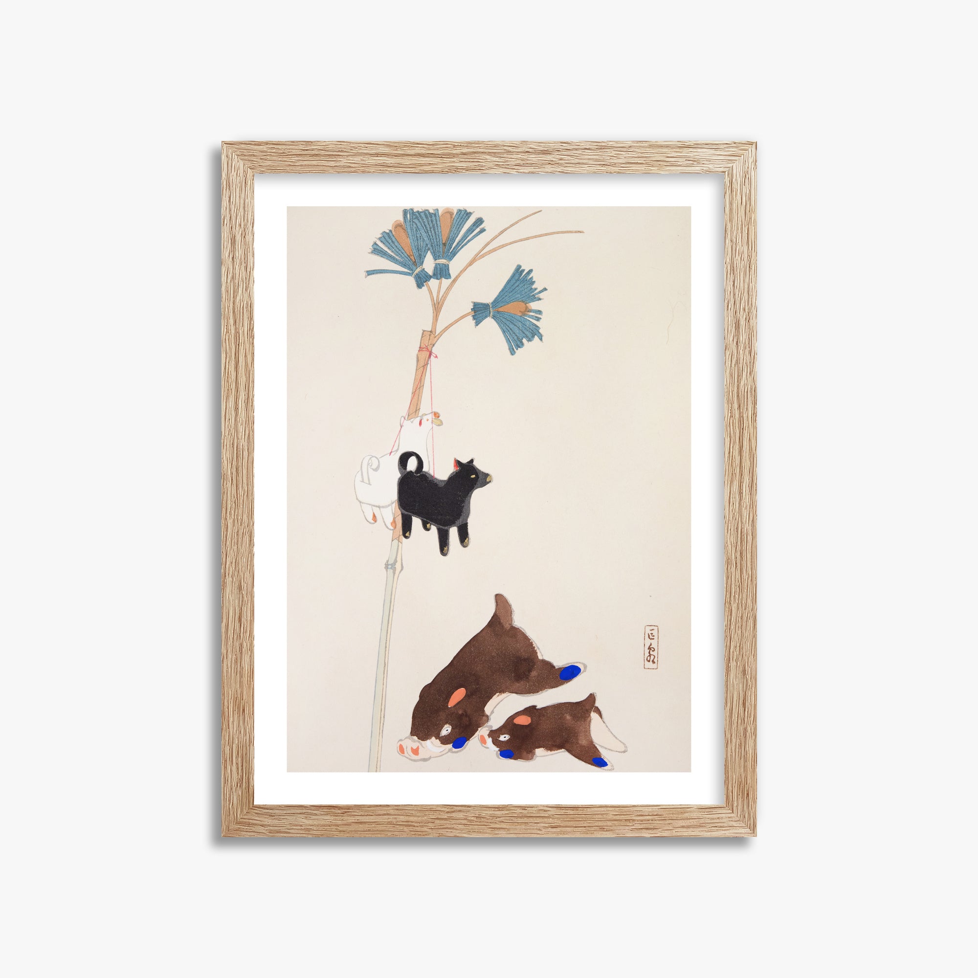 Kawasaki Kyosen: Kyosen’s Collected Illustrations of Japanese Toys Nr. 2 ("Japanese Festival Trinkets"), 30x40cm Framed Art Reproduction With Raw Oak Frame