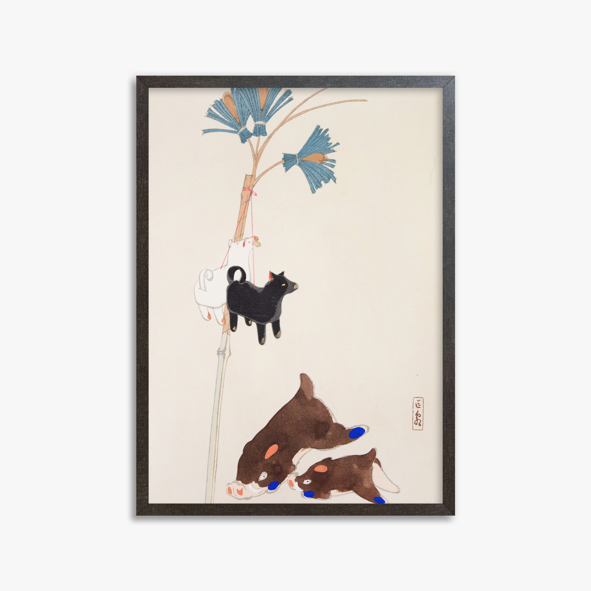 Kawasaki Kyosen: Kyosen’s Collected Illustrations of Japanese Toys Nr. 2 ("Japanese Festival Trinkets"), 50x70cm Framed Art Reproduction With Espresso Frame