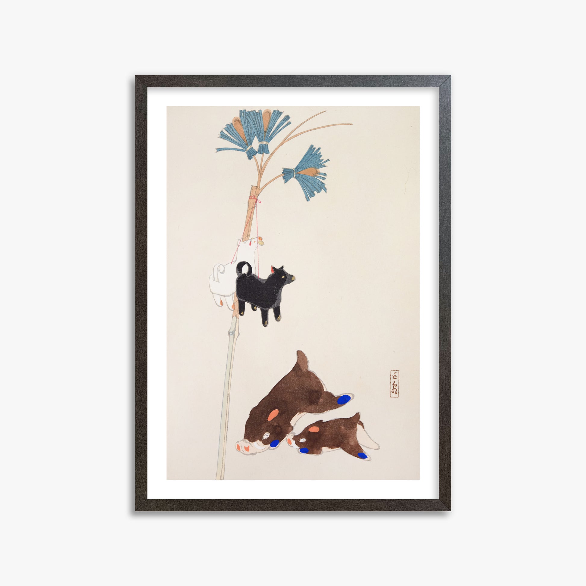 Kawasaki Kyosen: Kyosen’s Collected Illustrations of Japanese Toys Nr. 2 ("Japanese Festival Trinkets"), 50x70cm Framed Art Reproduction With Espresso Frame