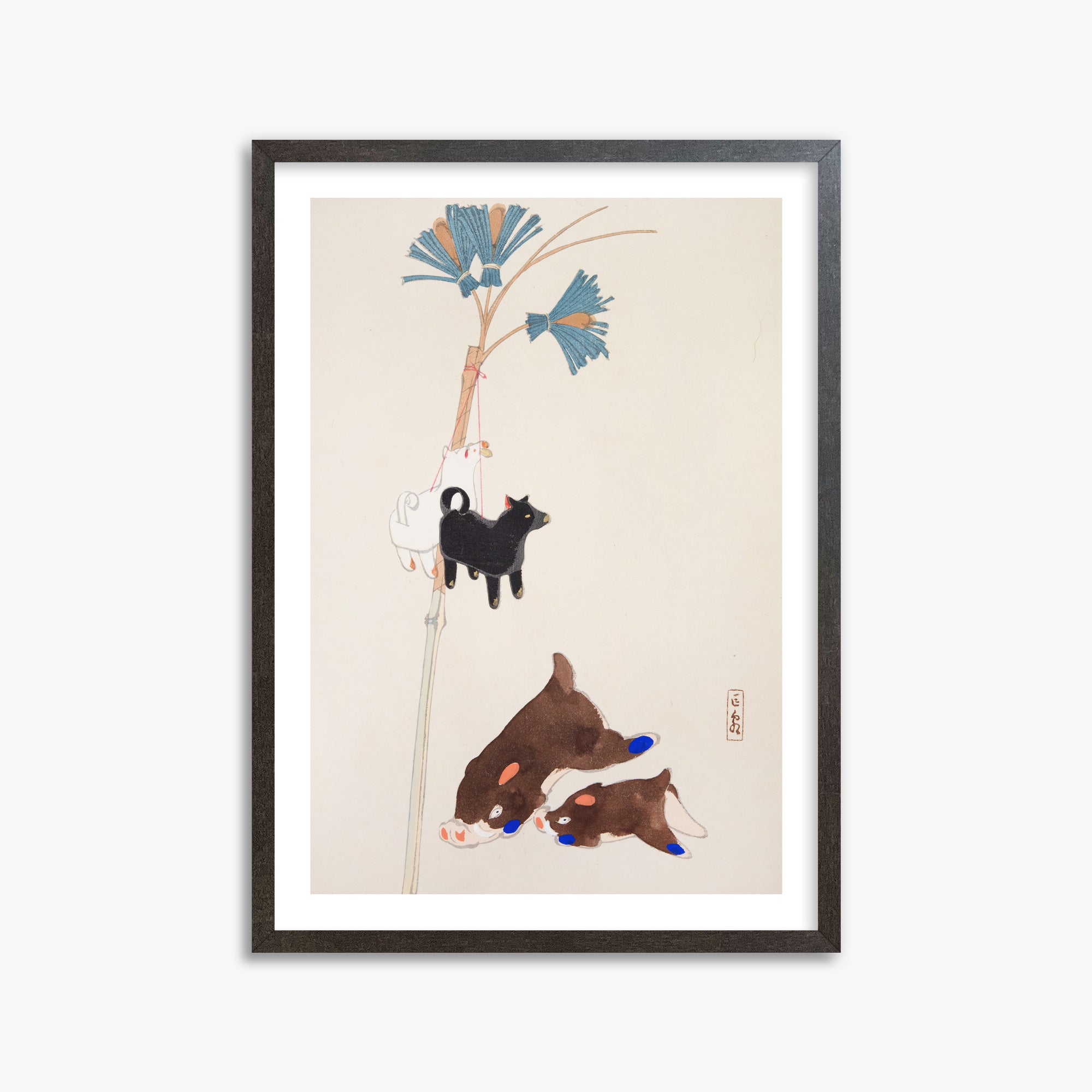 Kawasaki Kyosen: Kyosen’s Collected Illustrations of Japanese Toys Nr. 2 ("Japanese Festival Trinkets"), 50x70cm Framed Art Reproduction With Espresso Frame