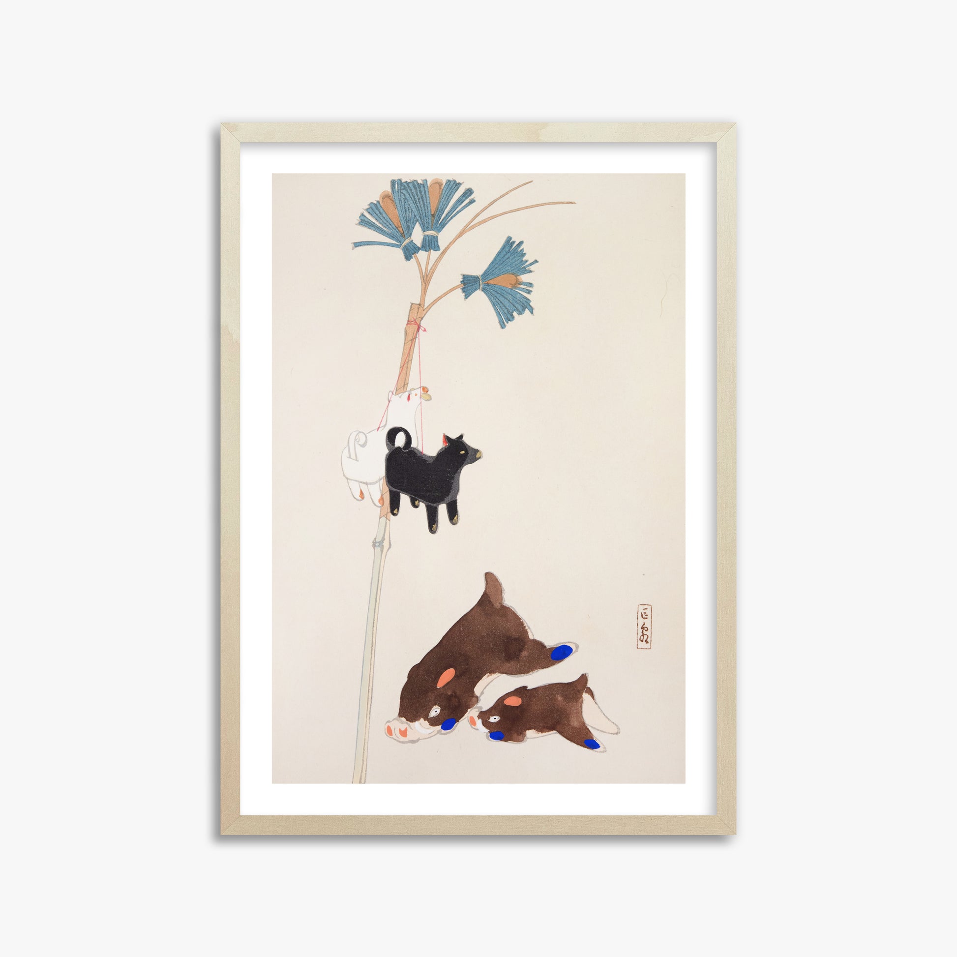 Kawasaki Kyosen: Kyosen’s Collected Illustrations of Japanese Toys Nr. 2 ("Japanese Festival Trinkets"), 50x70cm Framed Art Reproduction With Lime Wood Frame