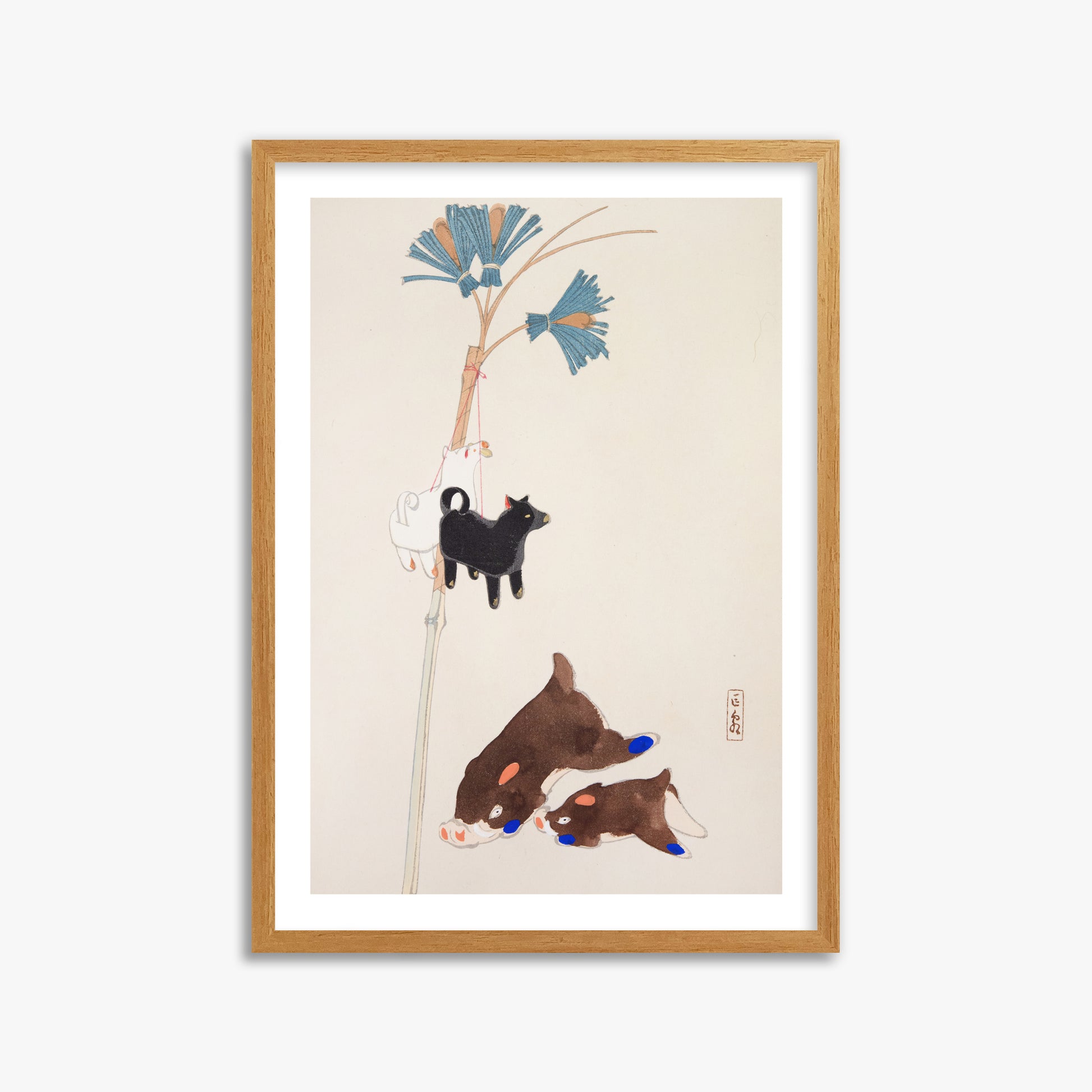 Kawasaki Kyosen: Kyosen’s Collected Illustrations of Japanese Toys Nr. 2 ("Japanese Festival Trinkets"), 50x70cm Framed Art Reproduction With Oak Frame